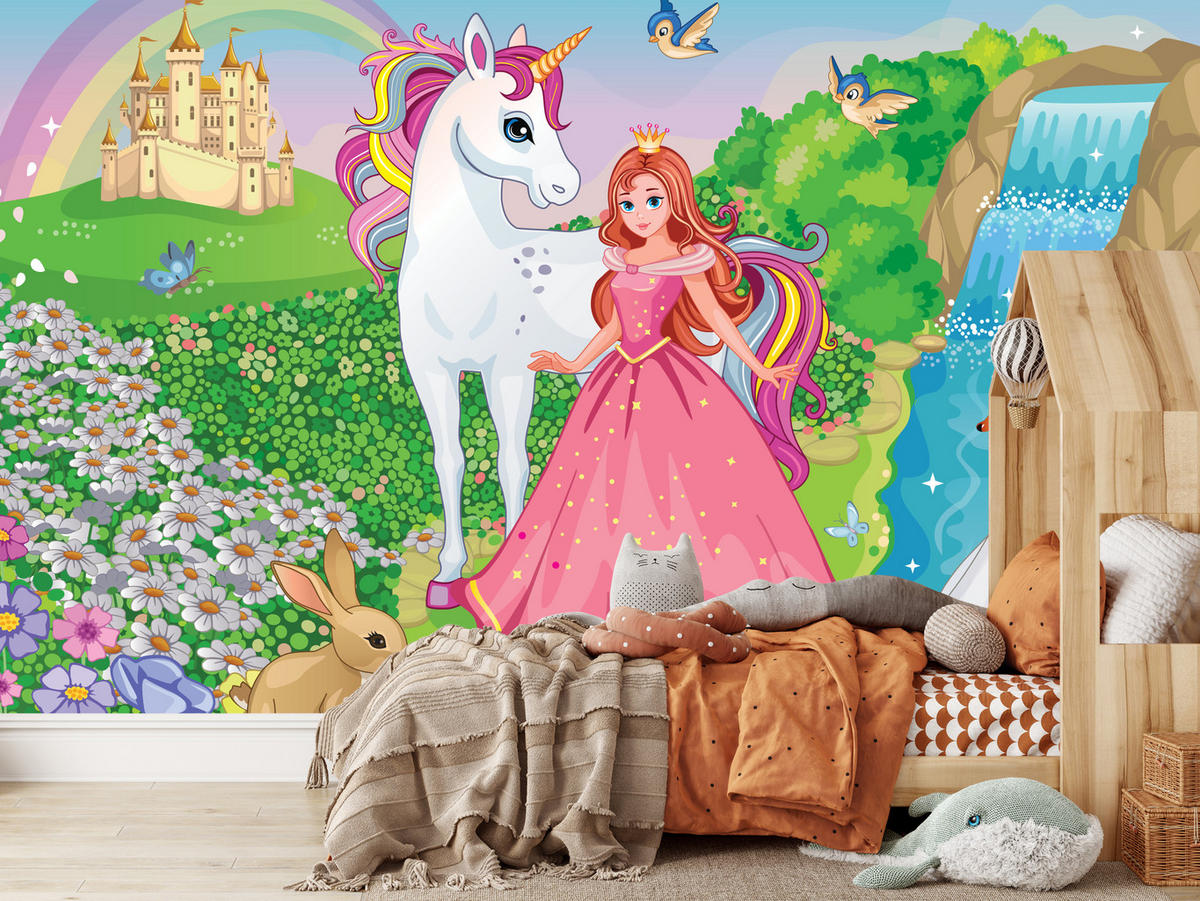 FOTOTAPETE für Kinderzimmer Prinzessin Einhorn Schloss Wasserfall Blumen 350x256 - Blau/Gelb, Papier (350/256cm) - Muralo