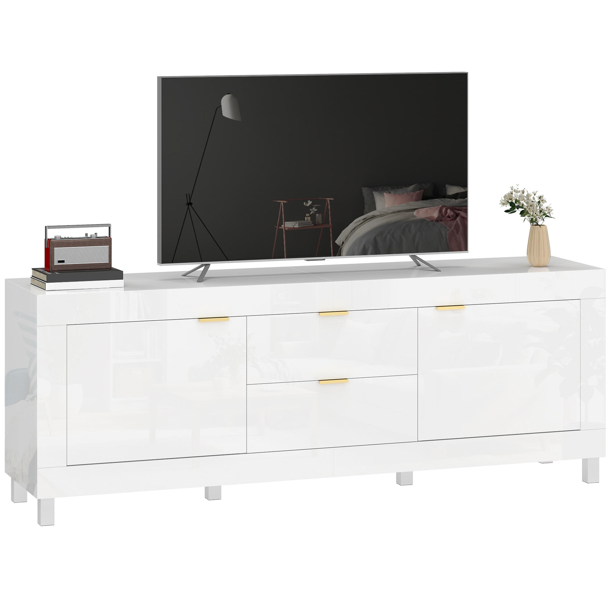 TV-SCHRANK für Fernseher bis zu 75 Zoll, modernes Entertainment-Center mit 2 Schränken und 2 Schubladen, Hochglanz Weiß - Weiß Hochglanz, Holzwerkstoff (180/66/40cm)