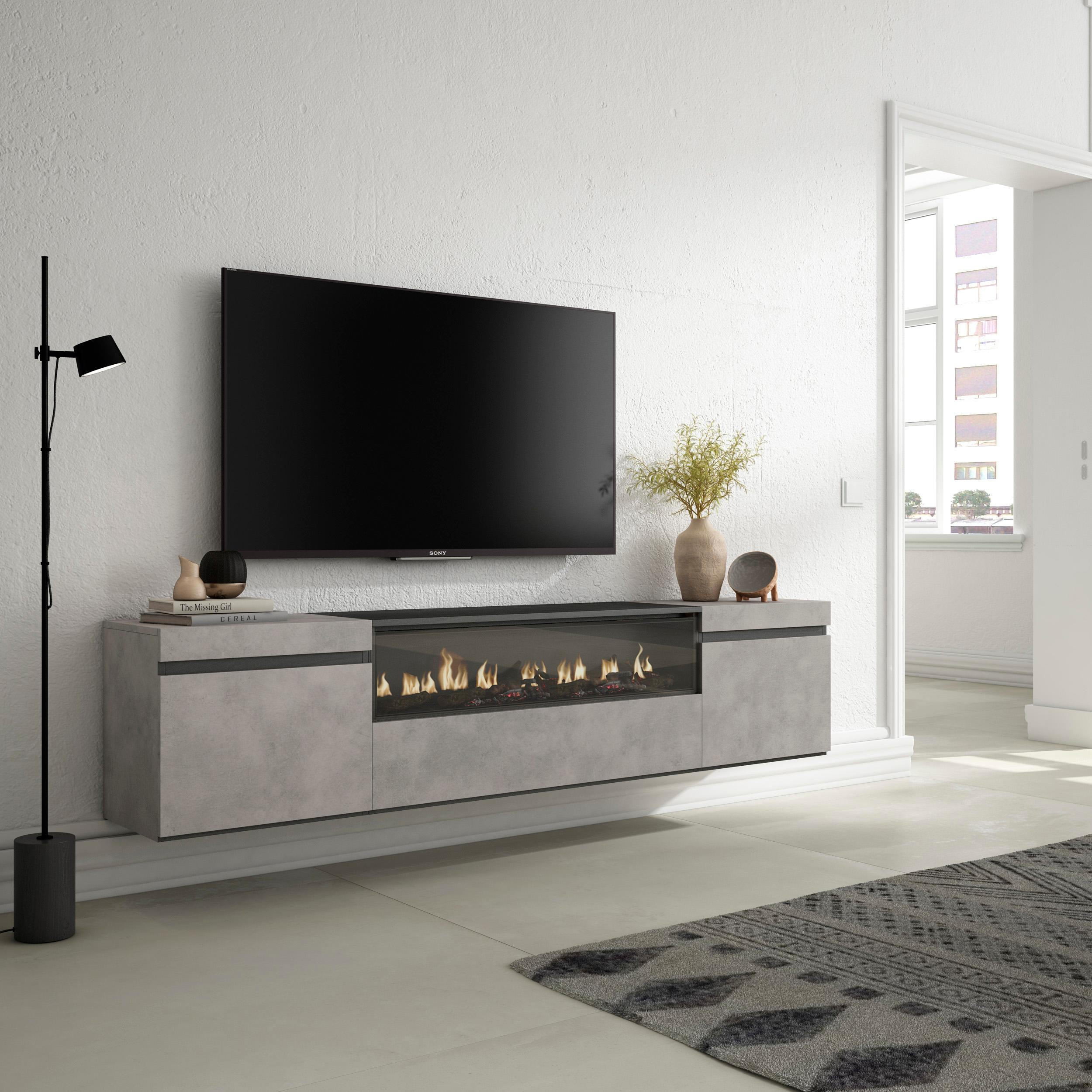 TV-SCHRANK zementgrau, mit Elektrokamin, Hängend, 200/35/45cm - Hellgrau/Grau, Holzwerkstoff (200/45/35cm) - Skraut Home