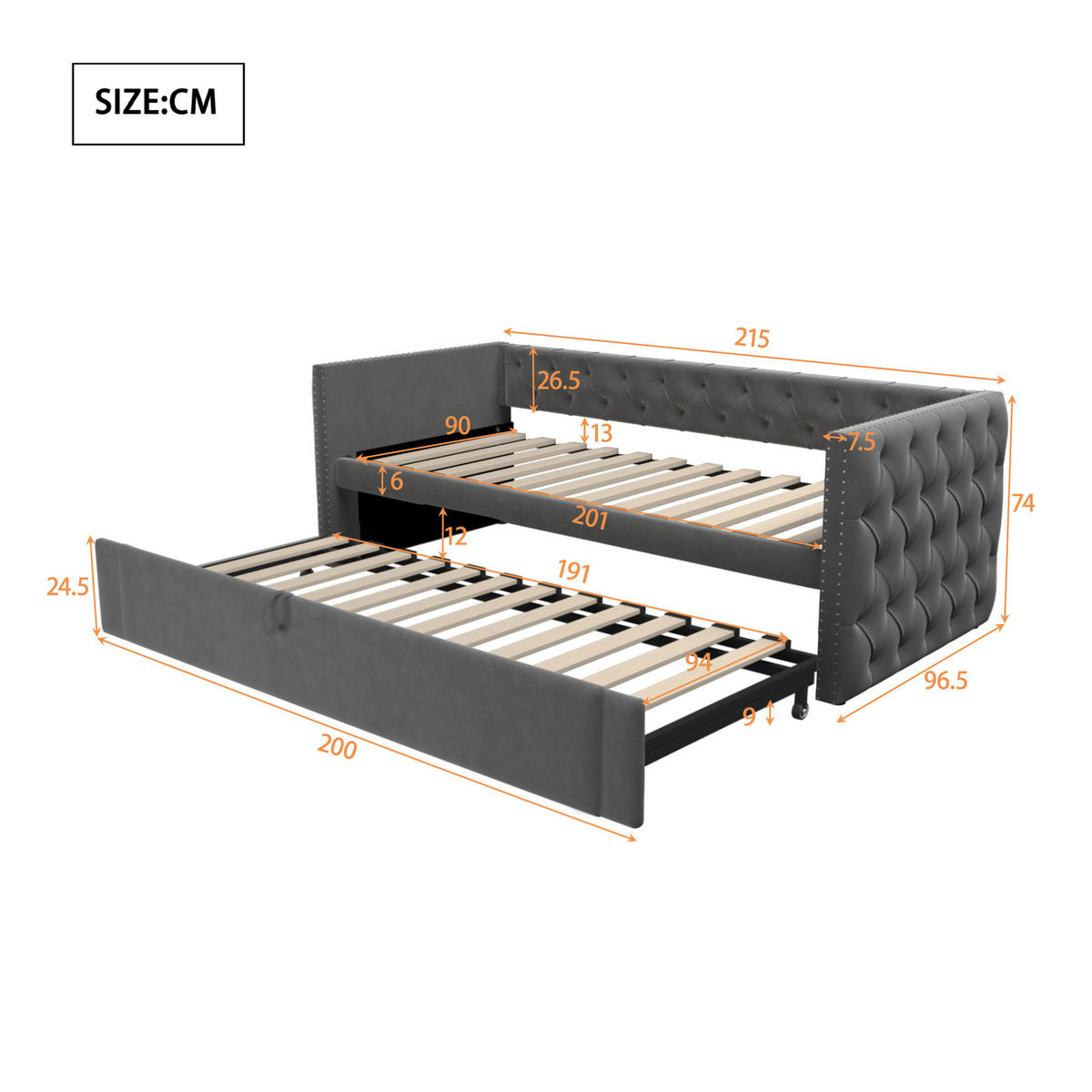 POLSTERBETT Schlafsofa 90/200 cm grau mit Lattenrost und hautfreundlichem Samtstoff - Grau, Textil (90/200cm) - OKWISH