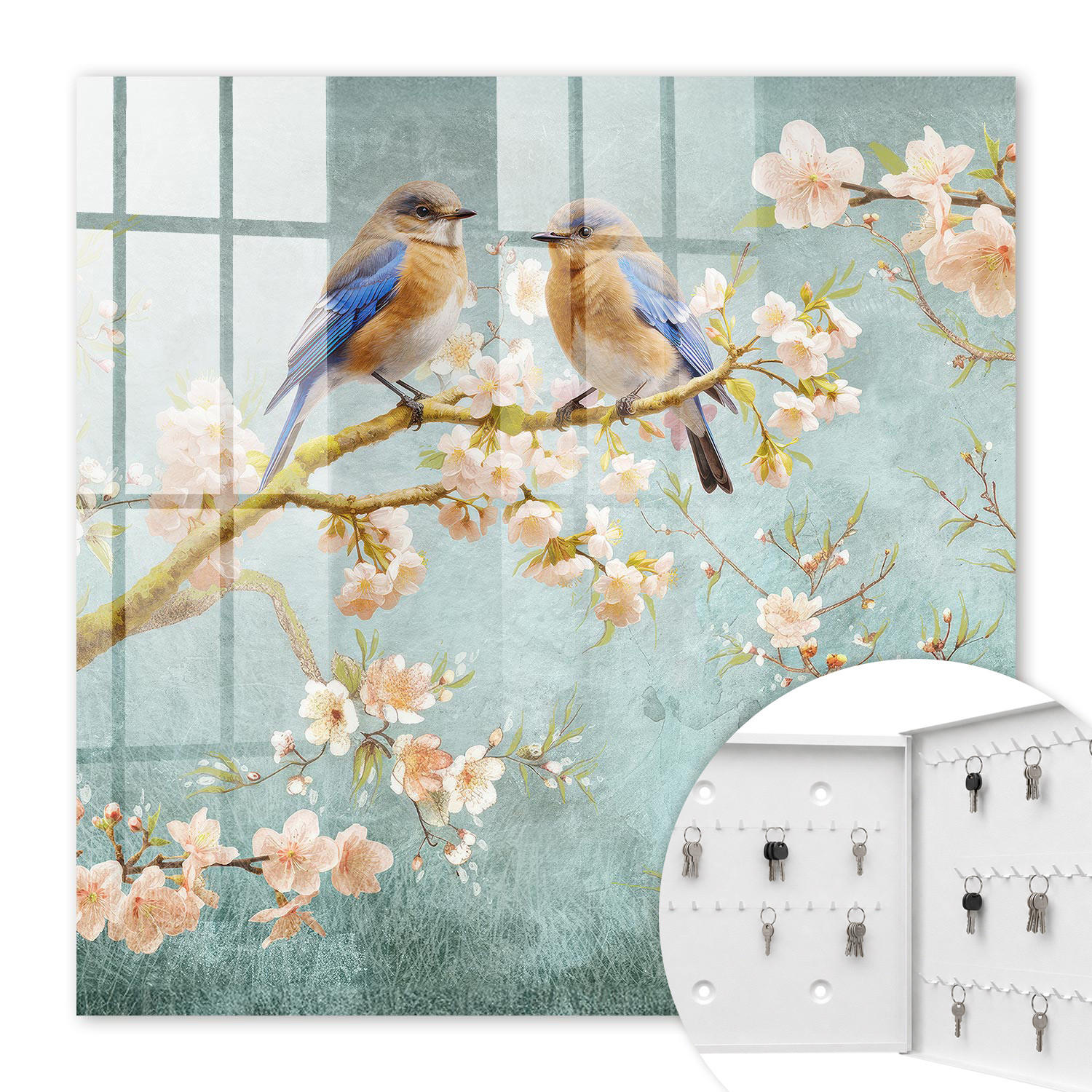 SCHLÜSSELBOX Weiß 30x30 cm – Türöffnung nach rechts - Frühlingsszene - Blau, Metall (30/30/5cm) - TULUP