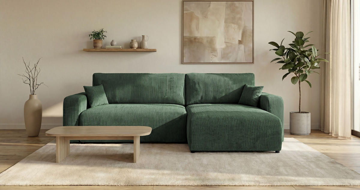 ROHOVÁ pohovka BERLIN pravá zelená manšestr Poso 14 - funkce spaní, úložný prostor - zelená barva, textil (285/184cm) - Cornero