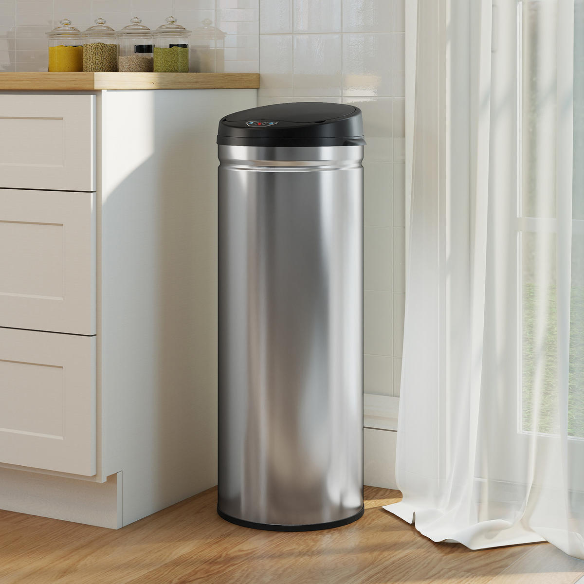 MÜLLEIMER mit Sensor 50L Edelstahl Automatischer Mülleimer mit Soft-Close-Deckel - Silberfarben, Metall (30.5/85/30.5cm) - HOMCOM