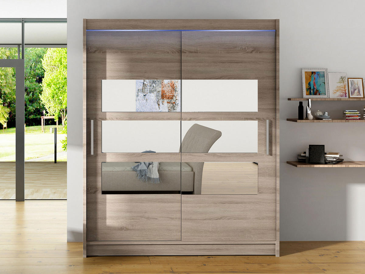 SCHWEBETÜRENSCHRANK Westa VII, mit RGB LED Beleuchtung - Silberfarben/Trüffeleichefarben, Holzwerkstoff/Metall (150/200/58cm) - MIRJAN24