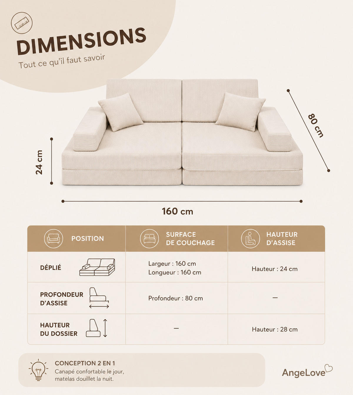 KINDERSOFA, Beige, 80x160x24cm, Cordsamt, Modular, Schaumstoff - Beige, Textil (160/24/80cm) - AngeLove