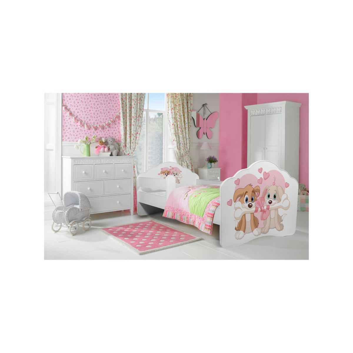 KINDERBETT Casimo 88 / 164 / 63cm weiß / Motiv Hundepaar - Pink/Beige, Holz/Holzwerkstoff (80/160cm) - Feldmann-Wohnen