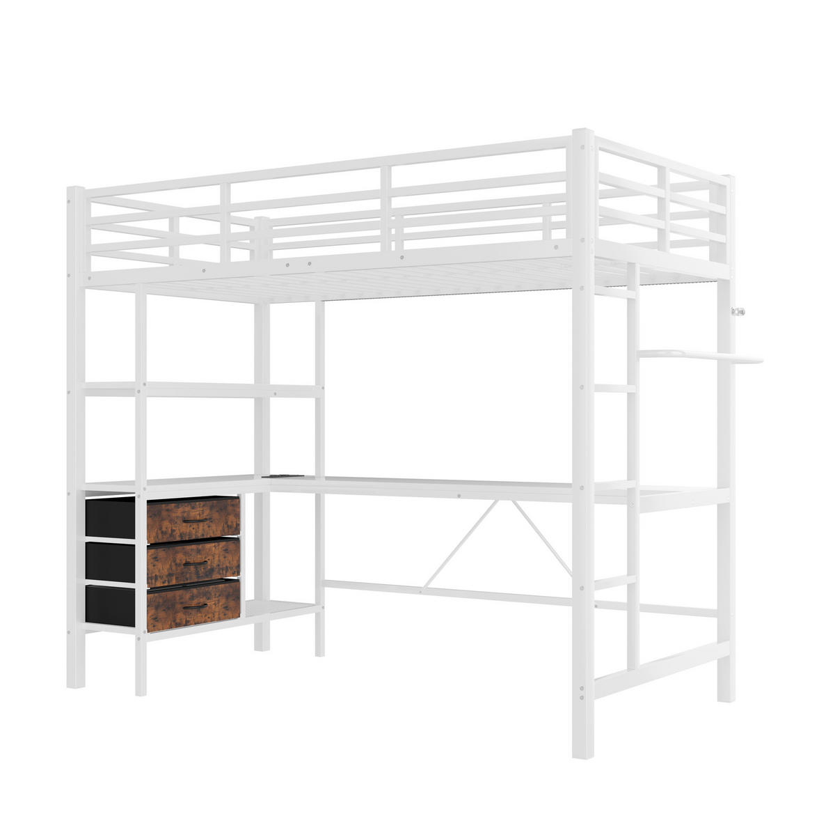 HOCHBETT 90/200 cm in Weiß mit LED-Beleuchtung, Schreibtisch und 3 Schubladen - Weiß, Metall (90/200cm) - Flora Grace