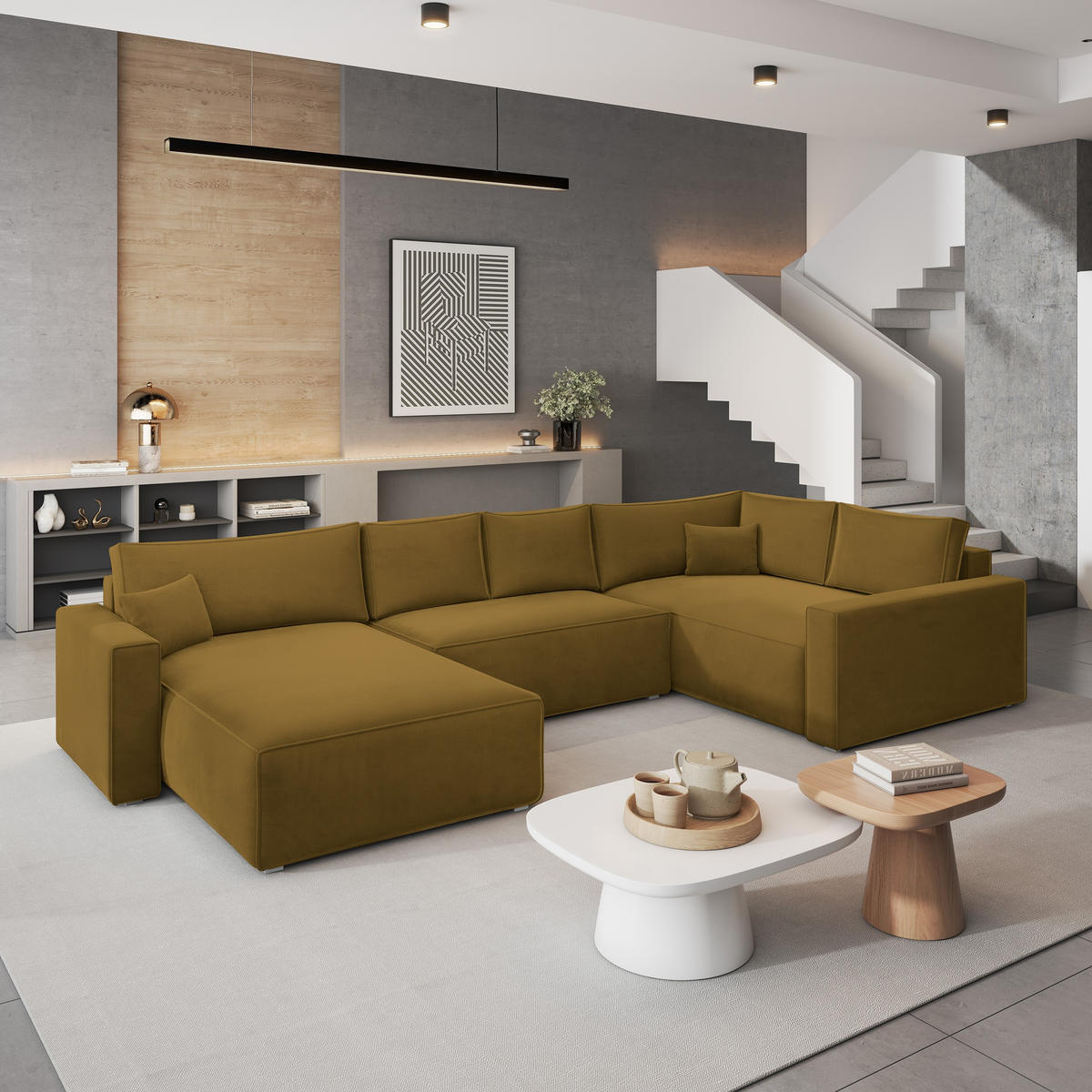 WOHNLANDSCHAFT VELAMI R-S Gelb Velours-Stoff mit Schlaffunktion - Gelb, Holz (365/83/194cm) - MASSENO