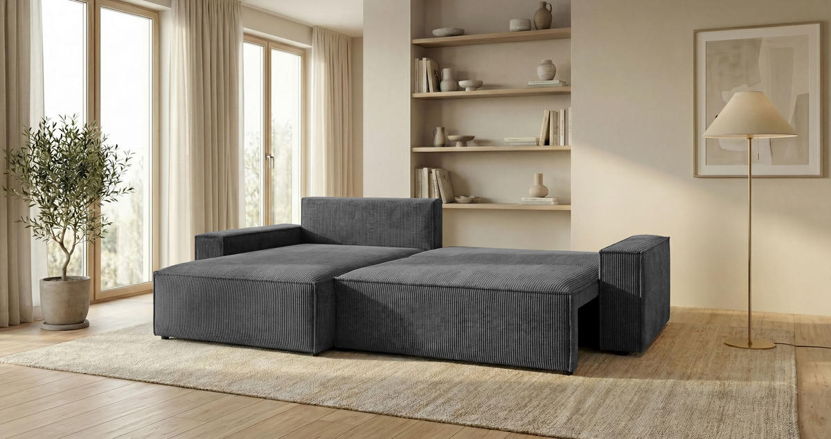 ROHOVÁ pohovka VIENNA levá tmavě šedá manšestr Poso 60 - funkce spaní, úložný prostor - antracitová, textil (285/185cm) - Cornero