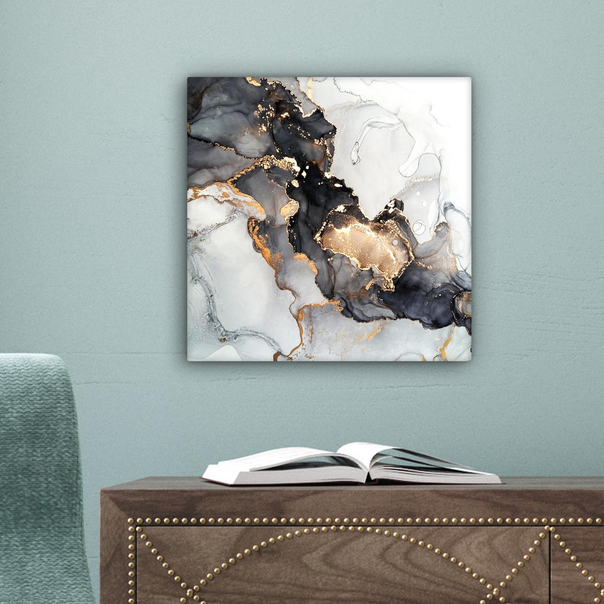 LEINWANDBILD Marmor - Schwarz - Weiß - Gold - Luxus - Abstrakt 20x20 cm - Goldfarben, Textil (20/20cm) - MuchoWow