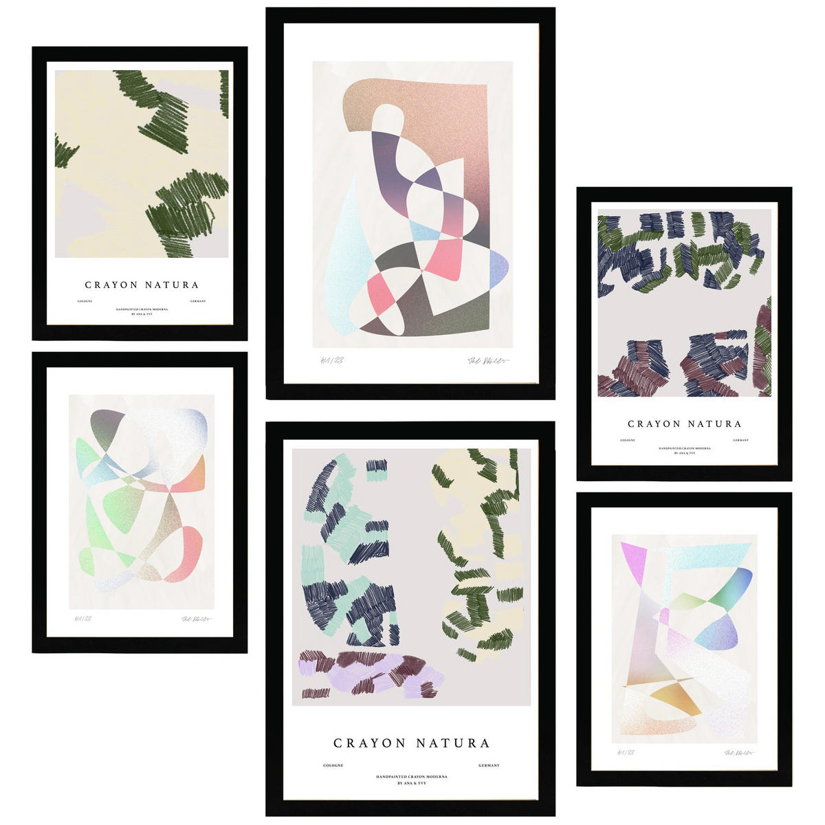 POSTER Set Mit 6 Abstrakte Figurative Kunst In Pastelltönen A3 & A4 Schwarzer Rahmen - Schwarz, Papier (29/3cm) - Nacnic