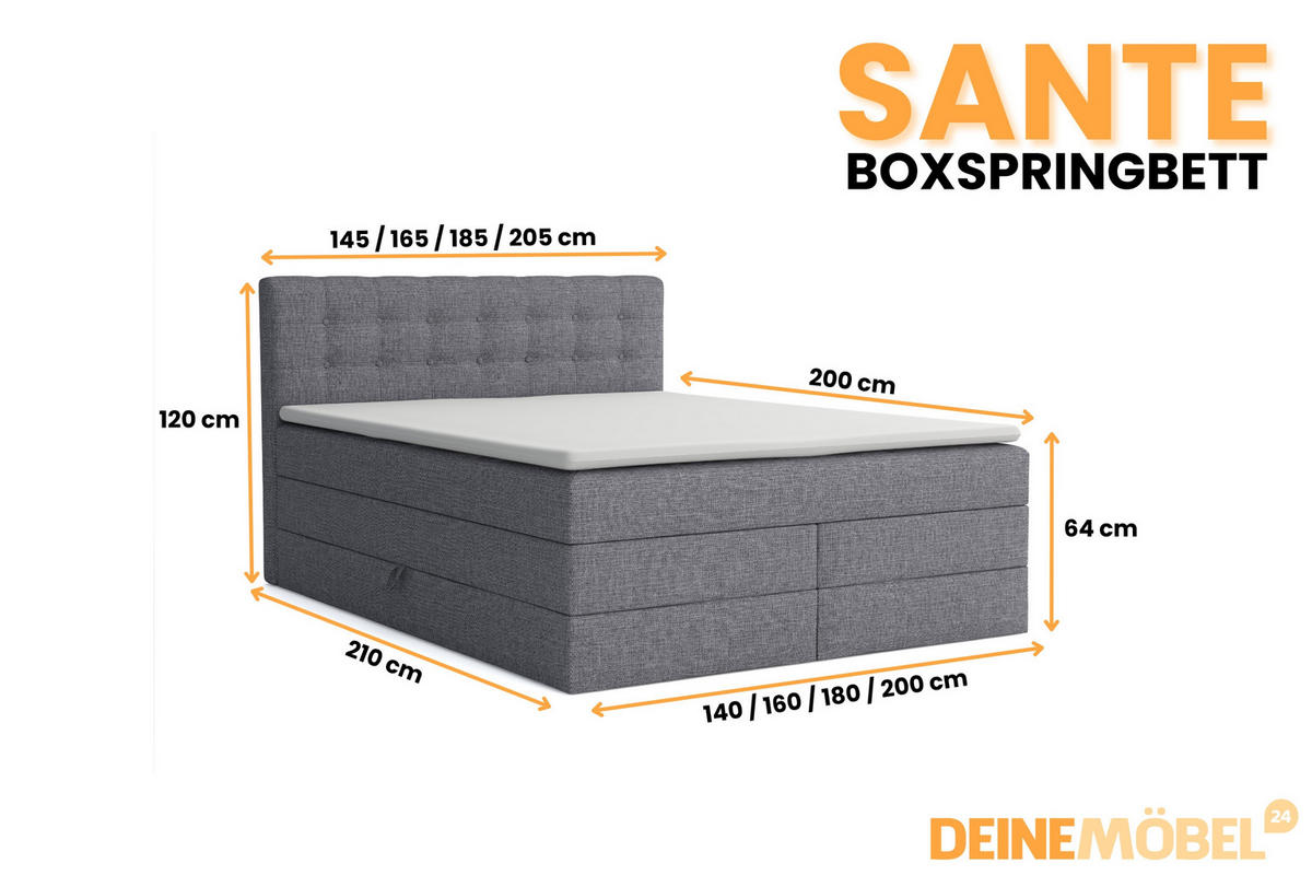 BOXSPRINGBETT SANTE 180/200 in Stoff Hellgrau - Hellgrau, Holz/Holzwerkstoff (180/200cm) - Deine Möbel 24