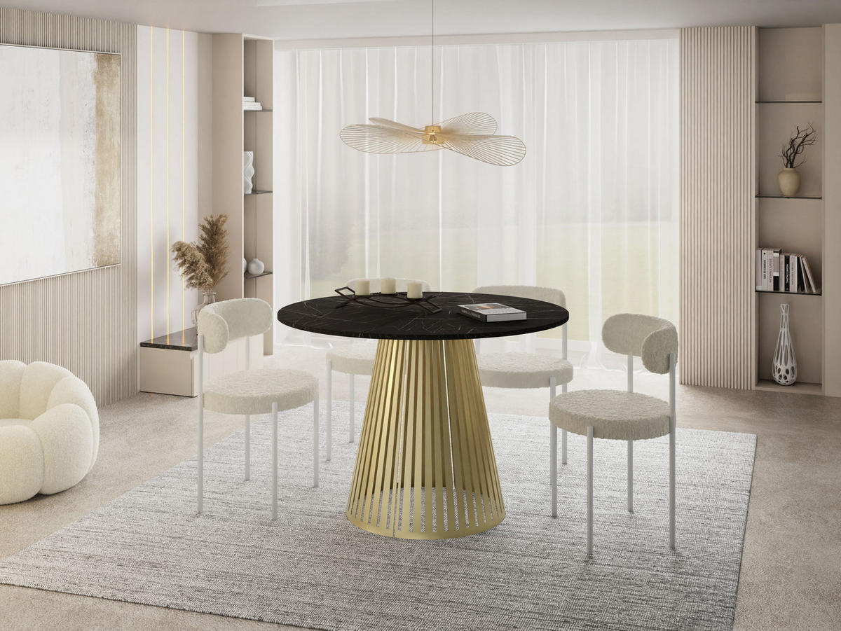 ESSTISCH Naro rund ausziehbar mit Goldenem Lamellen-Metallgestell, Marmor Schwarz 120-200/120/76 cm - Anthrazit/Goldfarben, Holzwerkstoff/Metall (120/120/76cm) - WFL GROUP