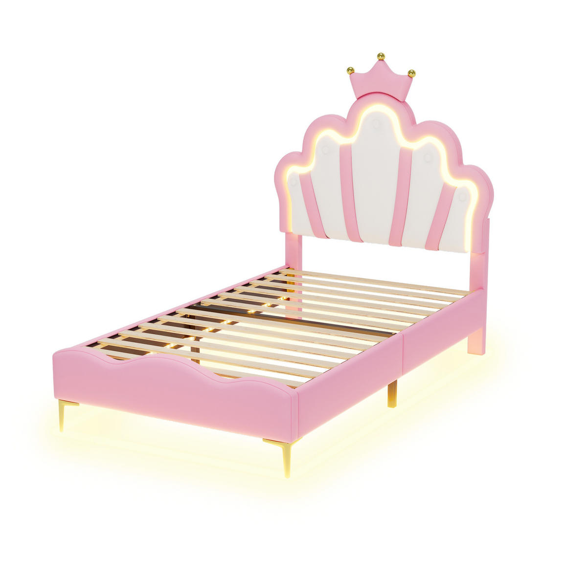 KINDERBETT aus PU-Kunstleder 90x200 cm Rosa mit LED-Beleuchtung und Kronen-Kopfteil - Rosa, Kunststoff (90/200cm) - IVMEU
