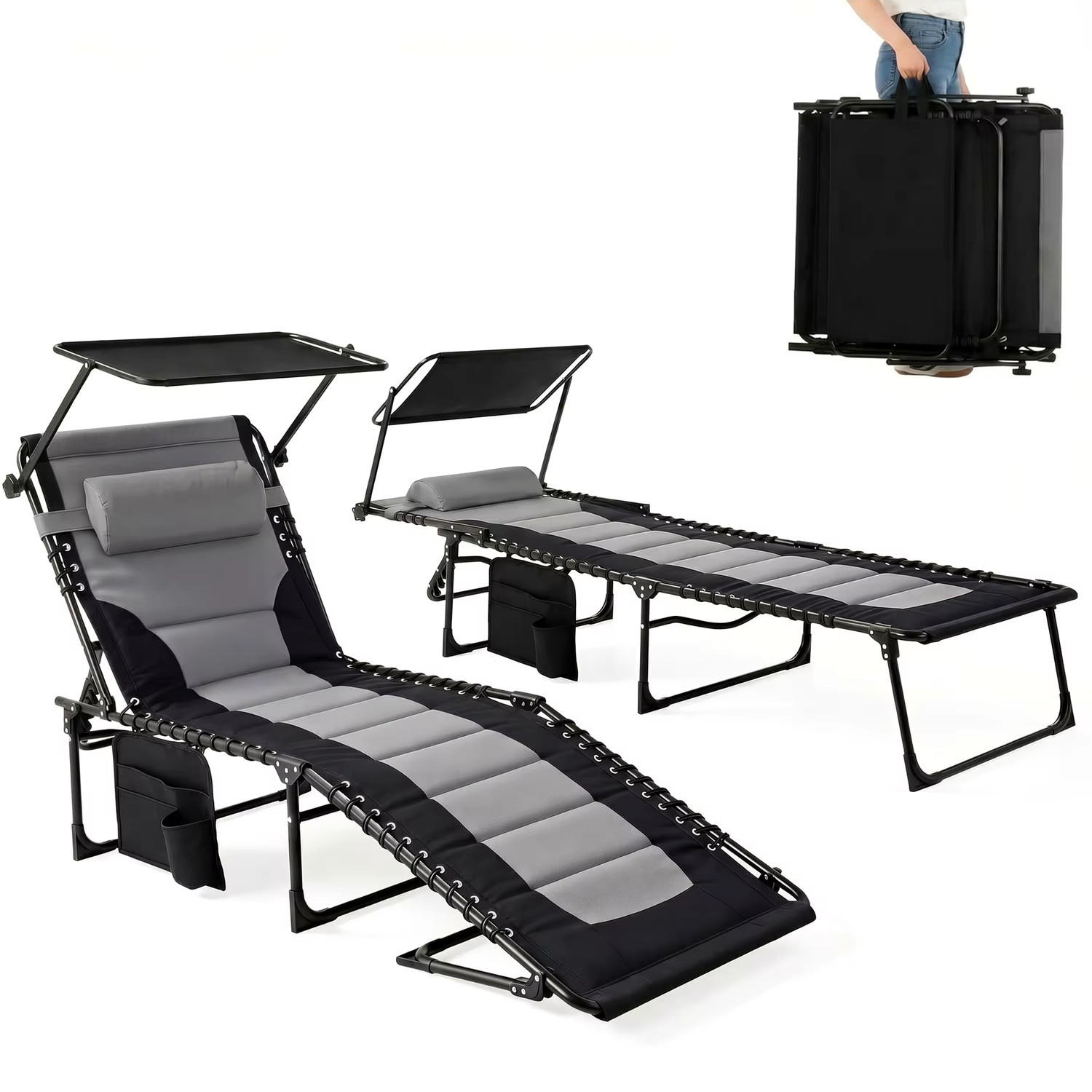 LIEGESTUHL 2er Set klappbar 360° Sonnendach 5-fach Rückenlehne - Schwarz, Metall (66/35/199cm) - Kaket