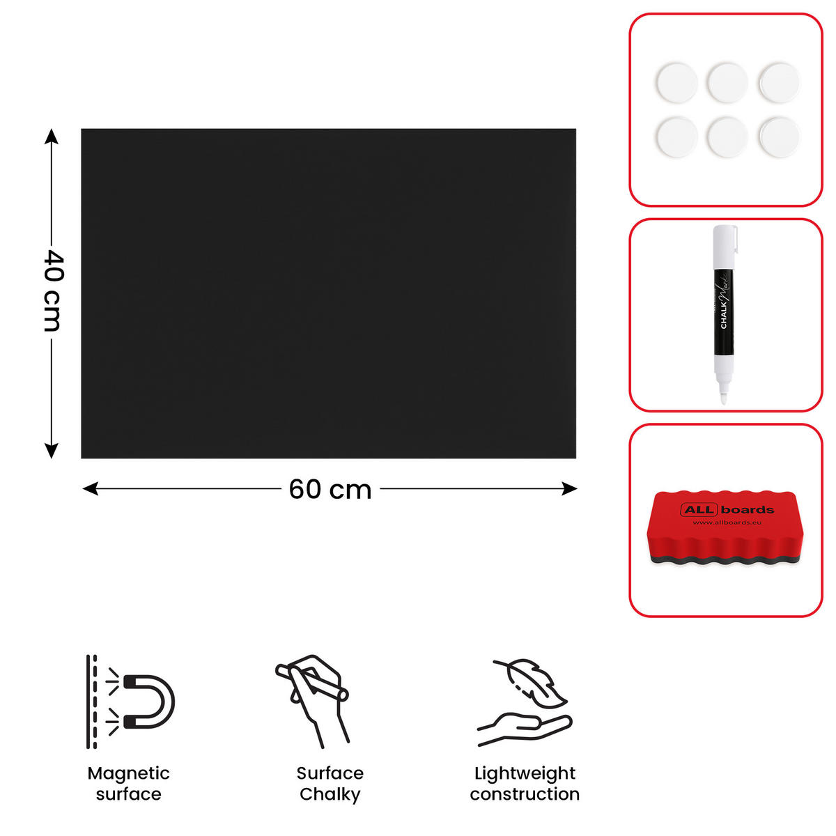 METALBOARD mit Kreideoberfläche 60x40cm + Zubehör-Set - Schwarz, Metall (60/40/1.8cm) - ALLboards