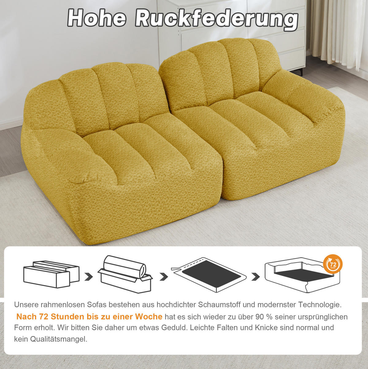 MODULARES 2-Sitzer-Sofa aus granuliertem Fleece mit ergonomischer Muschelform Gelb - Gelb, Textil (104/79/210cm) - Modenvie