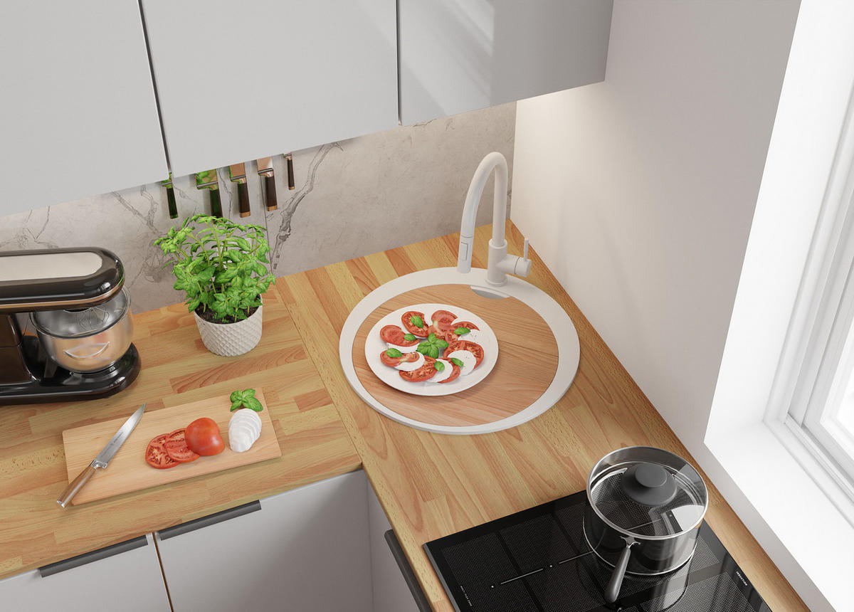 GRANITSPÜLE Pisa Max, 2-er set Weiß 53/53 cm 1 Becken + Küchenarmatur 32/20 cm + Ablauf-Set + Schneidebrett ab 50er Unterschrank - Chromfarben/Beige, Kunststoff (53/20/53cm) - Primagran