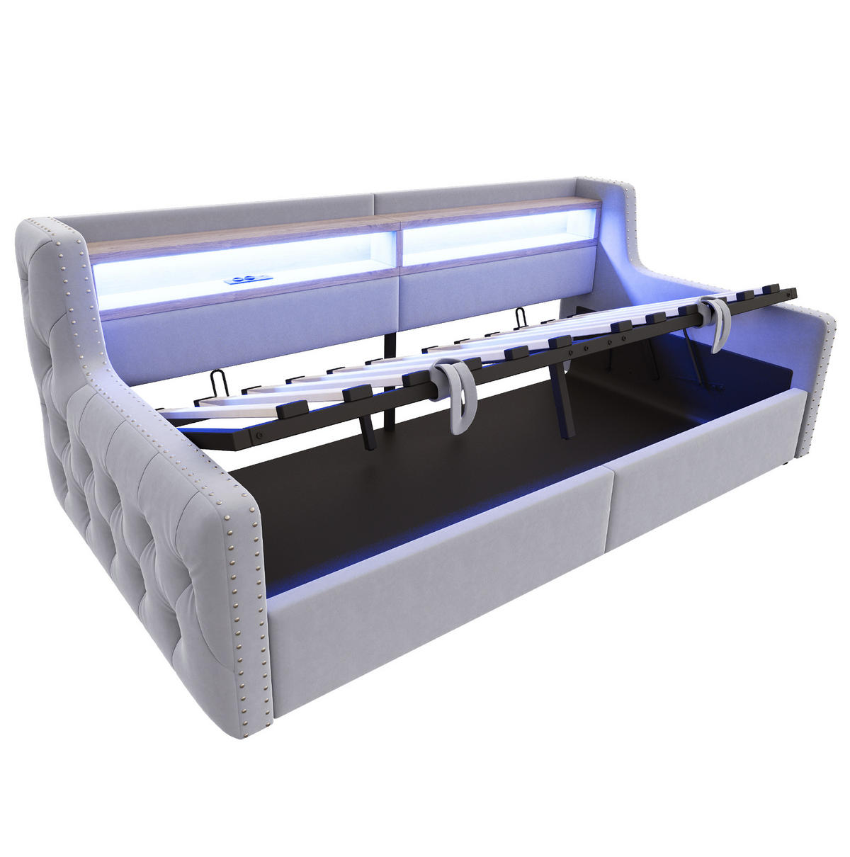 SCHLAFSOFA 90/200 cm hellgrau aus Samt mit LED, Stauraum und USB - Hellgrau, Textil (90/200cm) - OKWISH