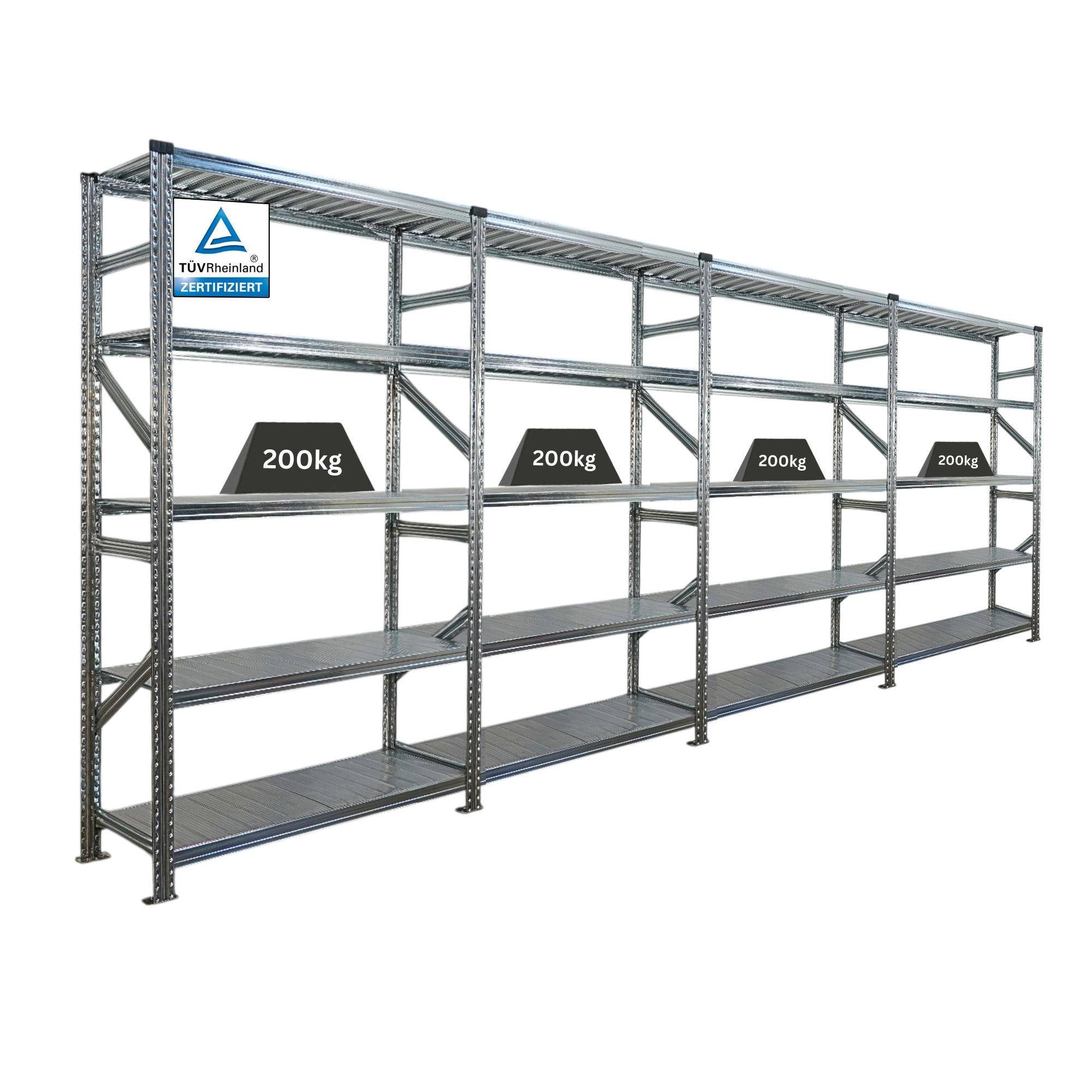 FACHBODENREGAL Proximo Stecksystem 200x480x50cm 5 Ebenen Fachlast 200 kg Beidseitig nutzbar Verzinkt - Silberfarben, Metall (480/200/50cm) - PROREGAL