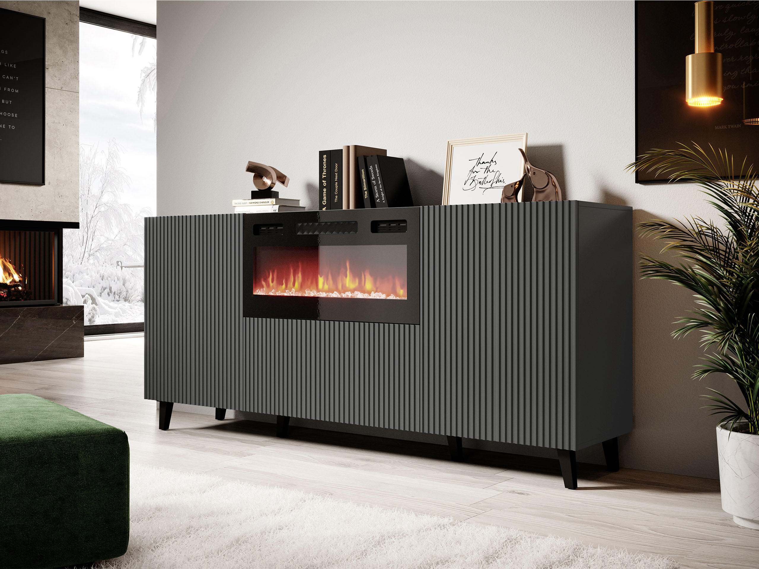 KOMMODE Vamos Grey 180 mit Kamin - Anthrazit/Schwarz, Holzwerkstoff/Kunststoff (181/83/42cm) - MIRJAN24