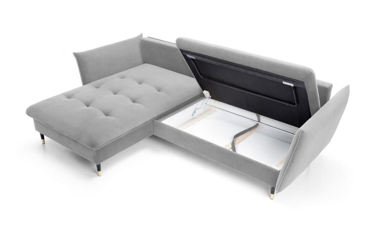 ECKSOFA GLAM mit Schlaffunktion, Ottomane & goldenen Füßen – Samtsofa im Glamour-Stil mit Zierkissen, 258x167x91cm, Linke, HELL GRAU - Hellgrau, Holz/Textil (167/258cm) - DomoHome