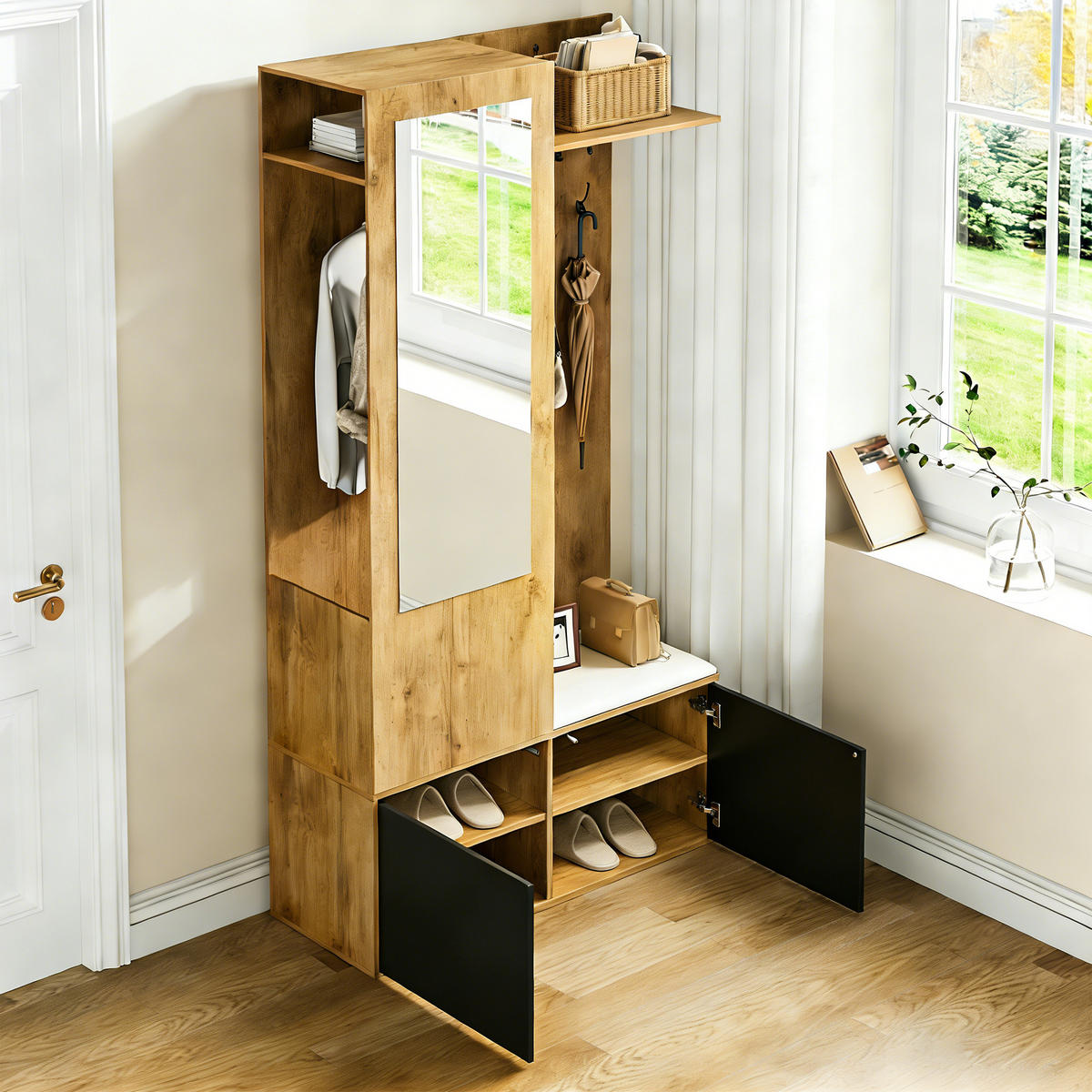 SCHUHSCHRANK aus MDF 100x38x191cm in Natur mit Bank & Spiegel - Naturfarben, Holzwerkstoff (100/191/38cm) - Modfu