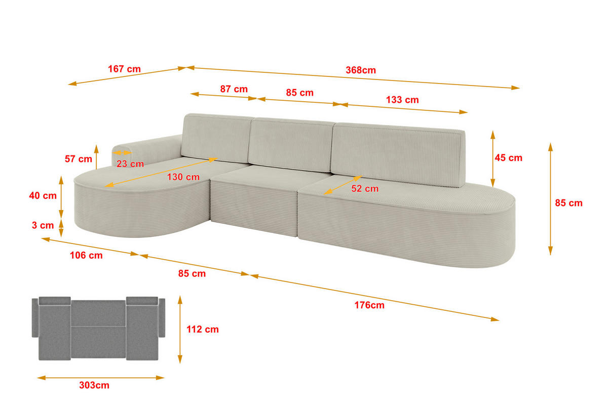 ECKSOFA mit Schlaffunktion Ottomane Links MARI L2-S 368X167X85 Creme Cord - Creme/Schwarz, Holzwerkstoff/Kunststoff (368/167cm) - ALTDECOR