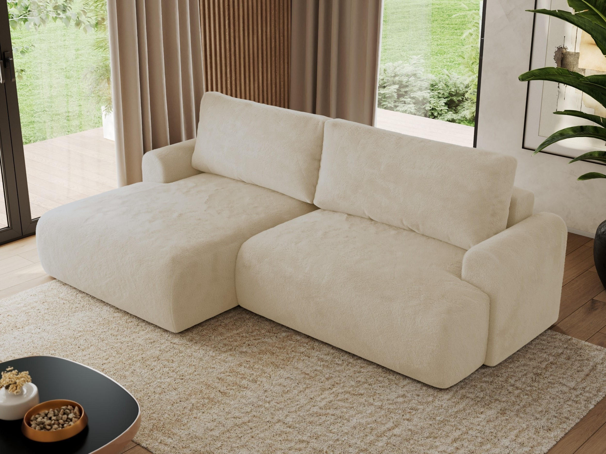 ECKSCHLAFSOFA TONO L Creme Plüsch - links - Creme/Schwarz, Kunststoff/Textil (260/150cm) - MKS