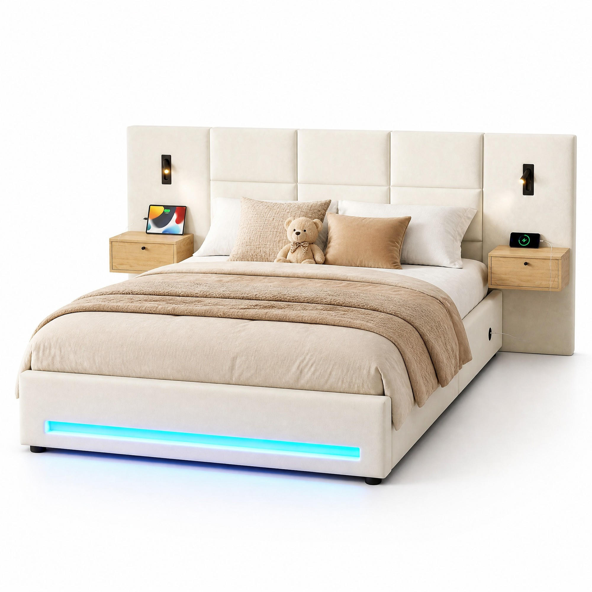 POLSTERBETT 180/200 cm in Beige mit Bettkasten, Schubladen, LED und USB-Type-C Samt europäisches Design - Beige, Holzwerkstoff/Textil (180/200cm) - STILVORA