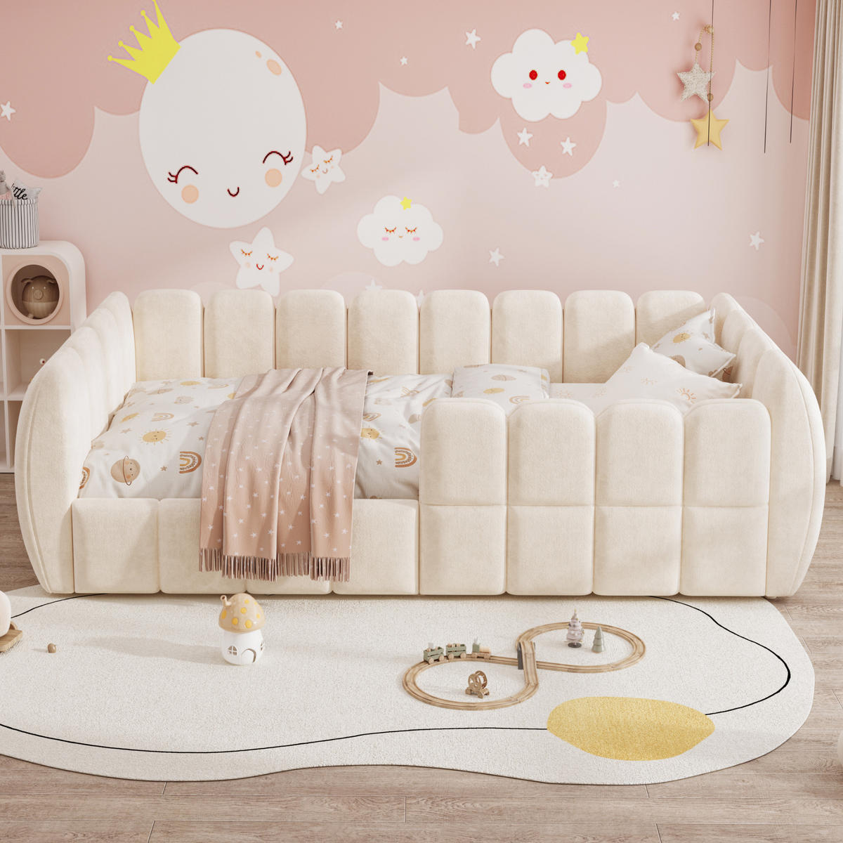 POLSTERBETT 90/200 cm in Beige Samt mit abgerundeten Ecken - Beige, Holzwerkstoff/Textil (90/200cm) - WISHDOR