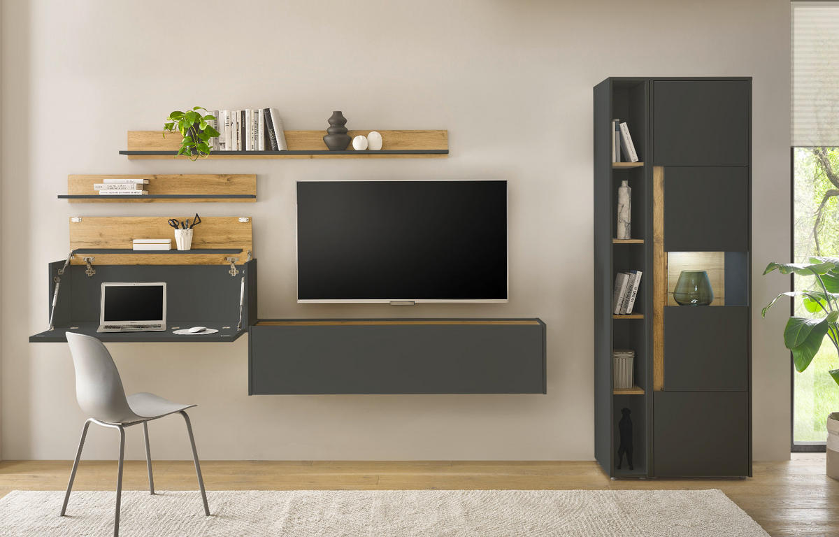 AKTENSCHRANK Set 2-teilig grau matt, Wotan Eiche, Regal-Vitrine-Kombination mit 5 Ordnerhöhen - Eichefarben/Eiche Wotan, Holz/Holzwerkstoff (70/200/40cm) - Furn.Design