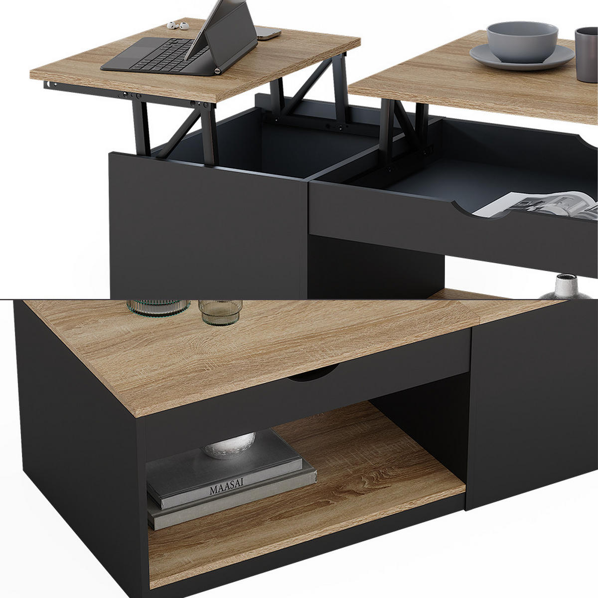 COUCHTISCH Avela Schwarz 110 x 110 cm - Schwarz/Sonoma Eiche, Holzwerkstoff (110/55/54cm) - Vicco