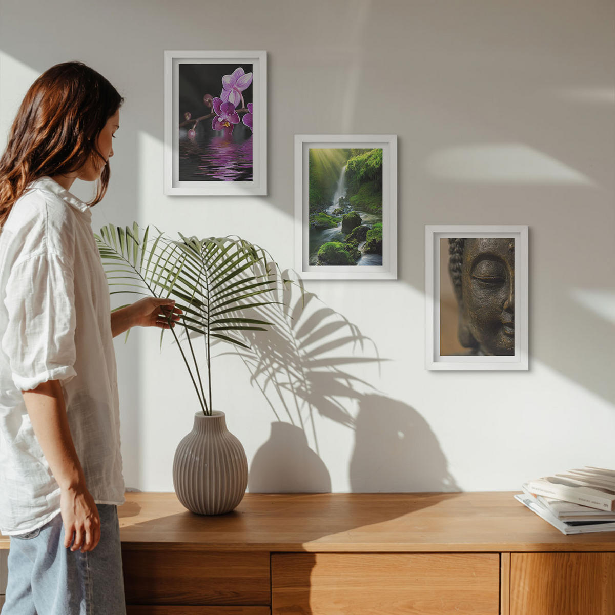 WANDBILDER 3er-Set - 20x30 cm Weißer Rahmen - Blumen, Wasserfall, Buddha-Felsen, Zen - Weiß, Kunststoff (20/30cm) - ArtPrintCave