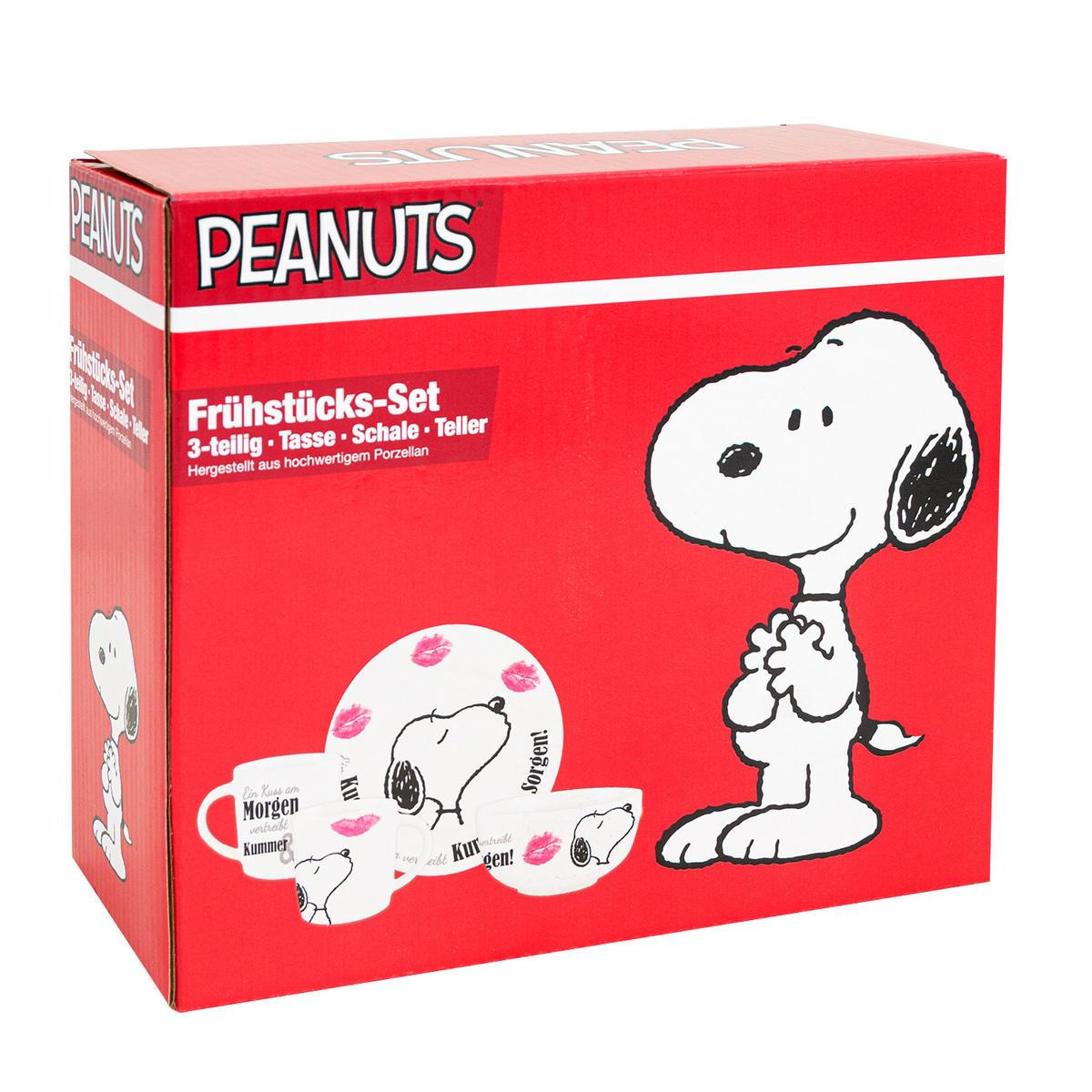 FRÜHSTÜCKSSET The Peanuts Snoopy Ein Kuss am Morgen, vertreibt Kummer & Sorgen! Weiß 3-teilig - Multicolor, Keramik (23.8/11.2/23.3cm) - United Labels