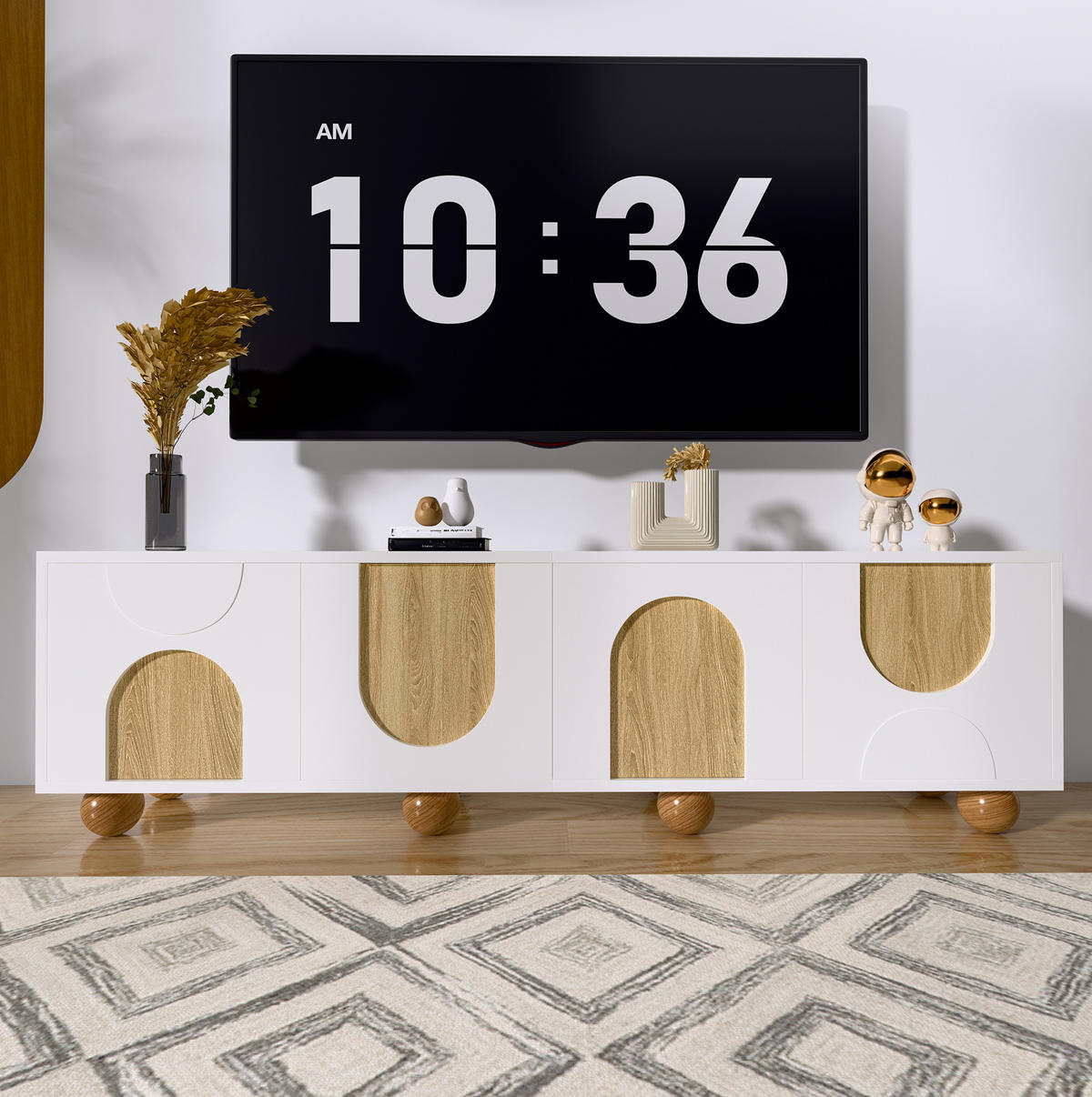 TV-SCHRANK in Natur/Weiß mit 4 Türen und Holzbeinen 175/38/50 cm - Weiß, Holzwerkstoff (175/50/38cm) - Redom