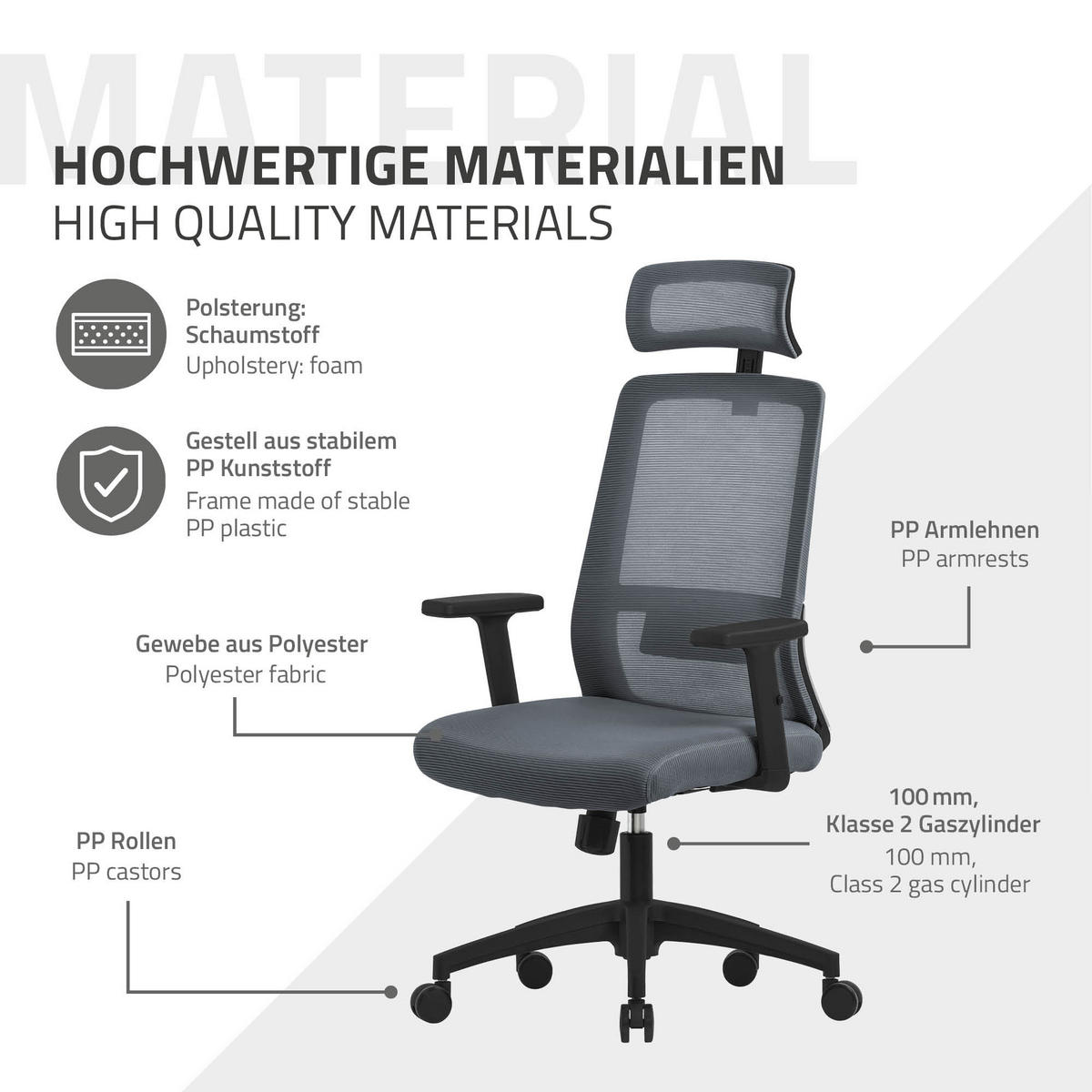 SCHREIBTISCHSTUHL Surpreme grau - Grau, Kunststoff (66/123/68cm) - ML-DESIGN