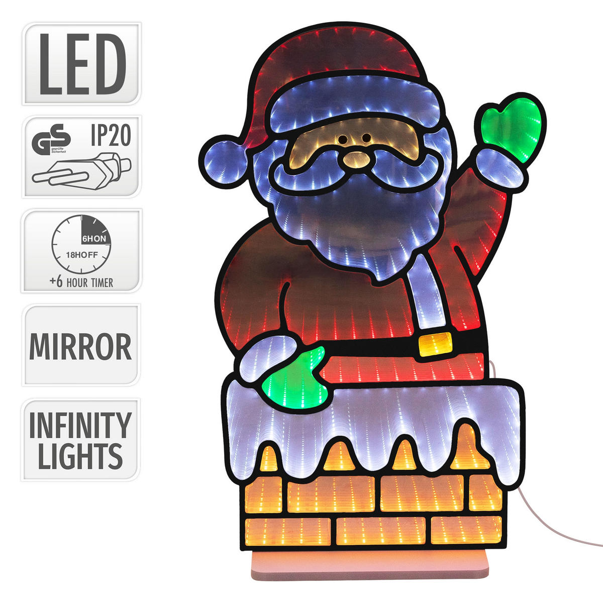 VÁNOČNÍ DEKORACE Santa Claus u krbu, LED zrcadlo s nekonečným 3D efektem a světelnou řetězem, 38 x 60 cm, do interiéru - různobarevná, plast (38/60/15cm) - ECD-Germany