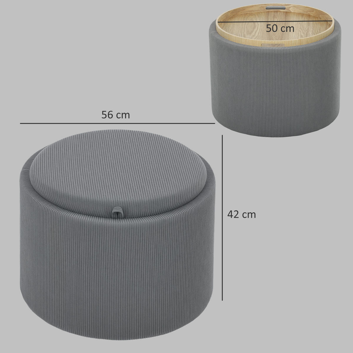 SITZHOCKER mit Stauraum Hocker mit Deckel, Cord-Optik 56 x 56 x 42 cm Grau - Grau, Textil (56/42/56cm) - HOMCOM