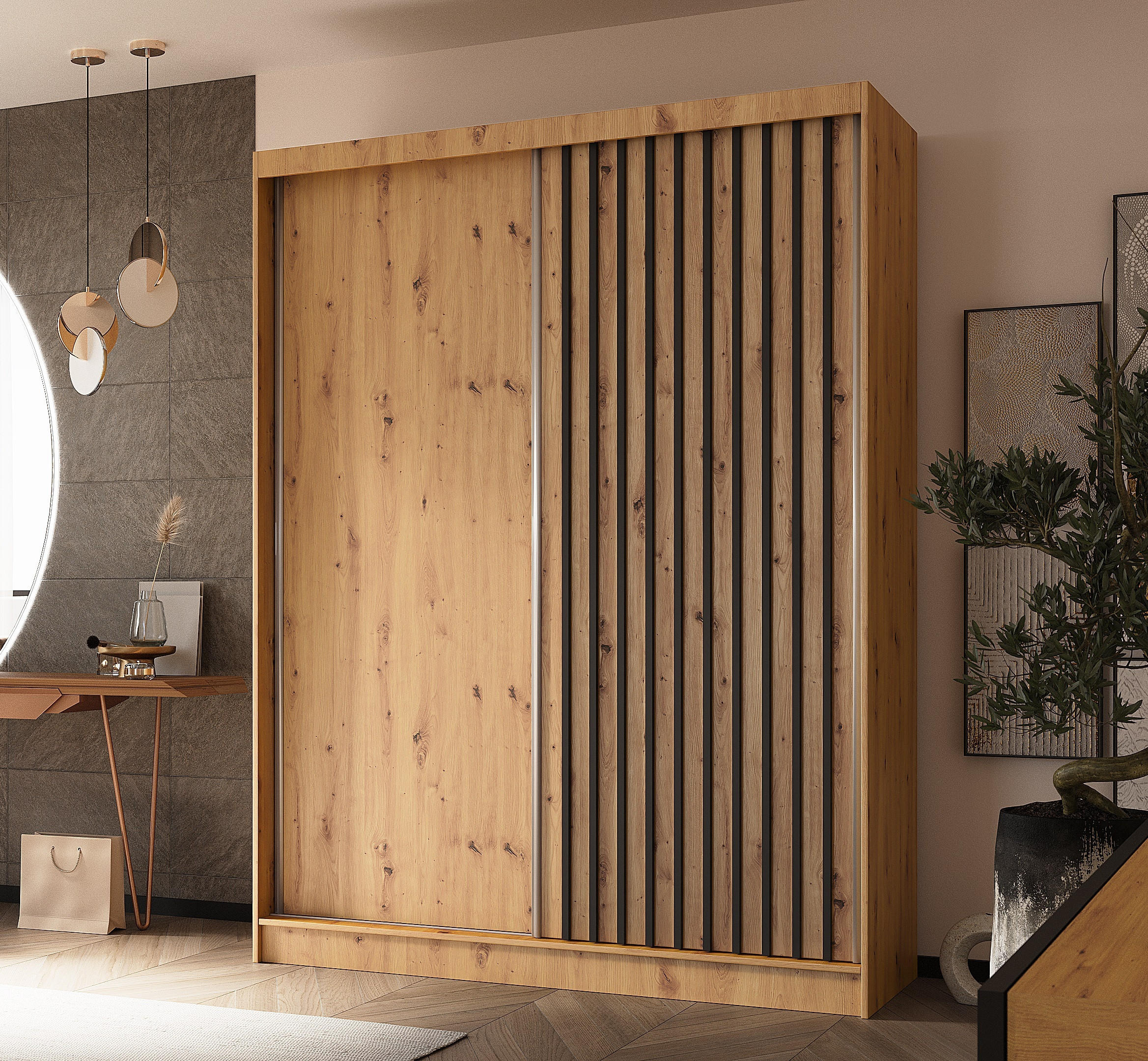 SCHWEBETÜRENSCHRANK Cabinio Eiche Artisan Schwarz 160/216/61 cm – Modern, mit Lamellen - Walnussfarben/Schwarz, Holzwerkstoff/Kunststoff (160/216.1/61cm) - AX Living