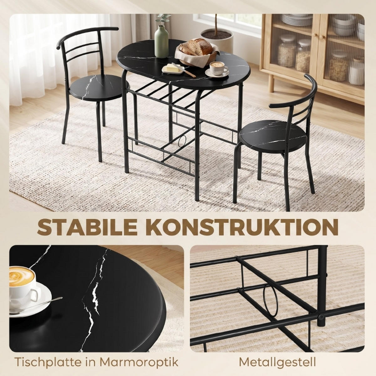ESSGRUPPE DE-39304 80/52 cm Tisch mit 2 Stühlen Schwarz/Marmor - Schwarz, Holzwerkstoff (80/76/52cm) - ComfortXL