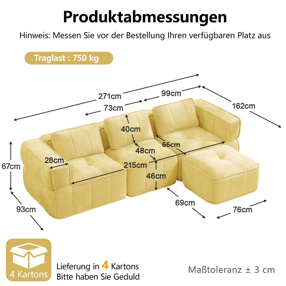 ECKSOFA 271/162/67 cm Gelb mit 1 Fußhocker - Gelb, Textil (271/162cm) - Oxeza