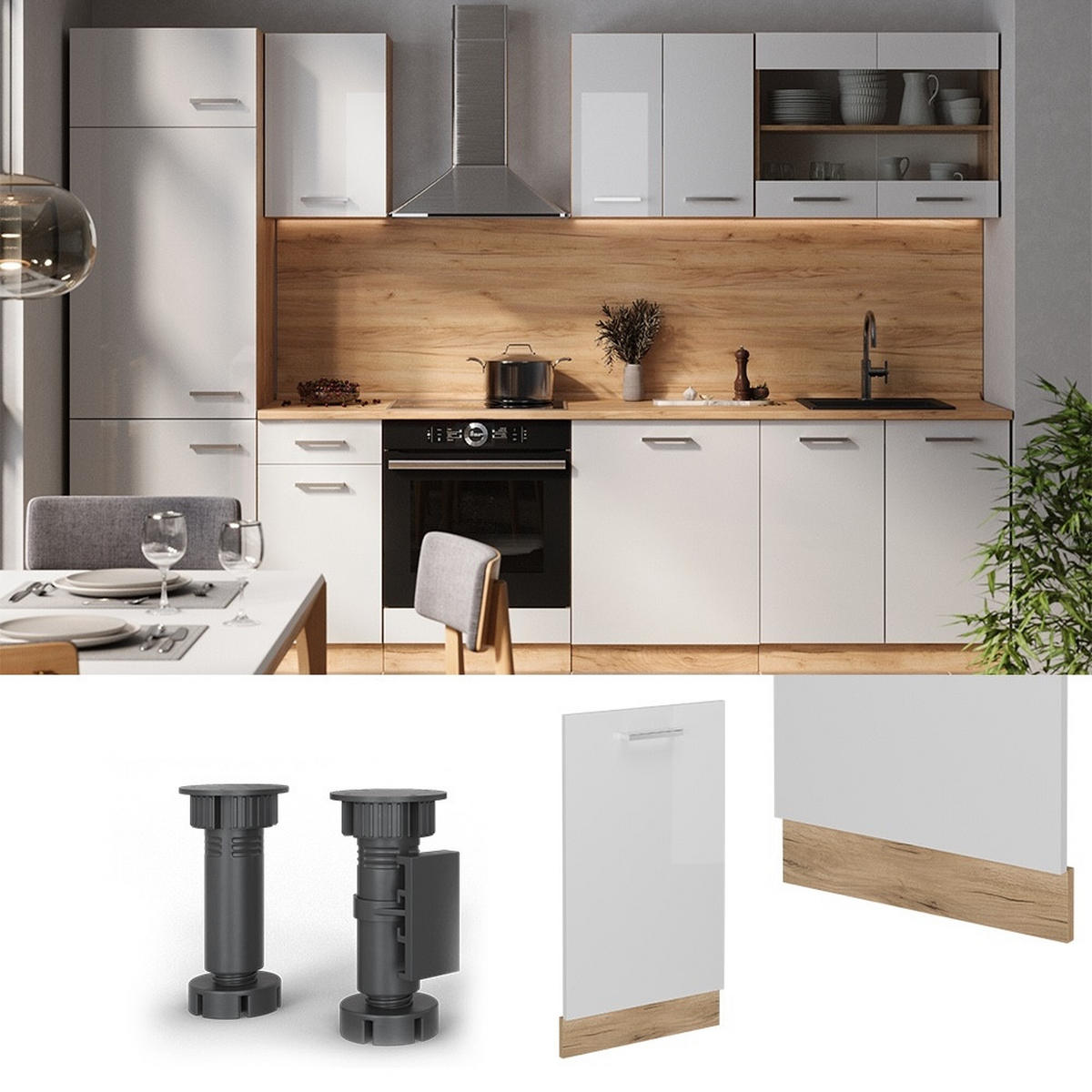FRONTBLENDE R-Line Weiß Hochglanz 45 cm ohne Arbeitsplatte - Honigeiche/Weiß Hochglanz, Holzwerkstoff (45/81.8/1.6cm) - Vicco