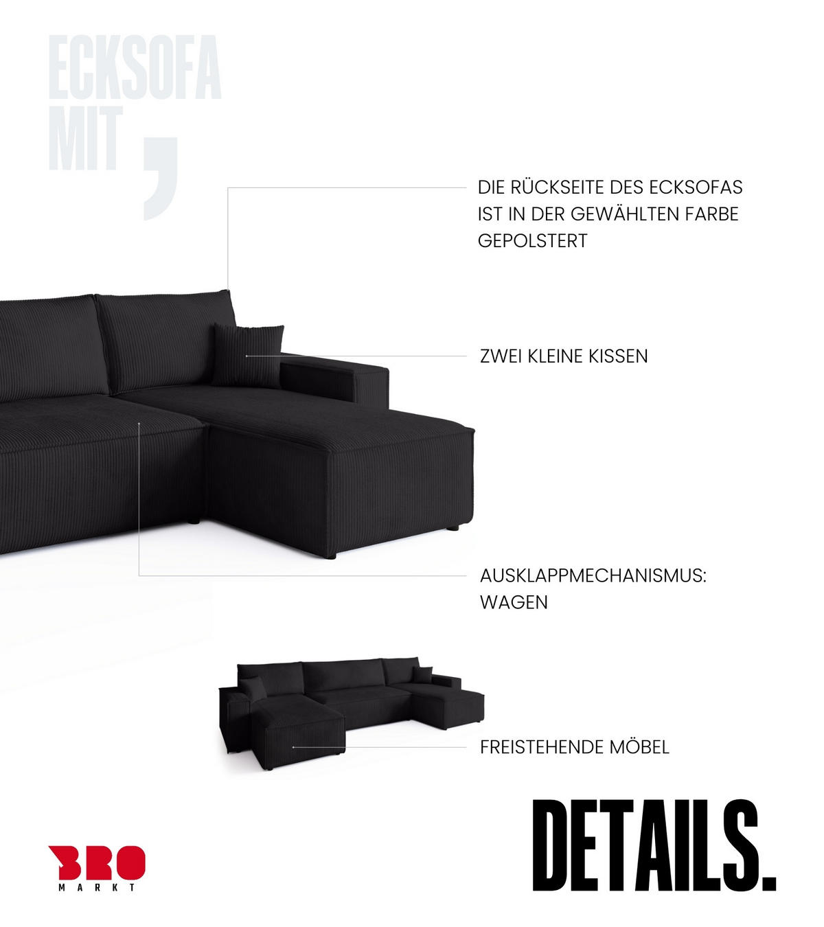 WOHNLANDSCHAFT ADI U mit Schlaffunktion Cordstoff Schwarz - Schwarz, Textil (312/85/143cm) - Bromarkt