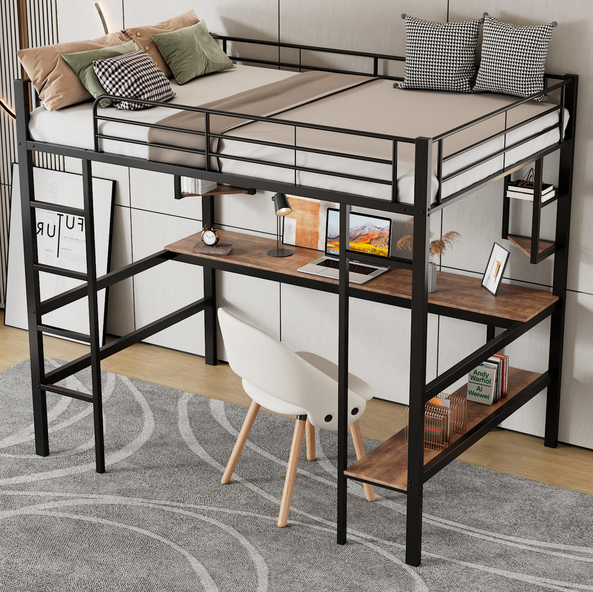 HOCHBETT mit Schreibtisch 90/200 cm in Schwarz – mit Regal und Rausfallschutz - Schwarz, Metall (90/200cm) - BEAOK