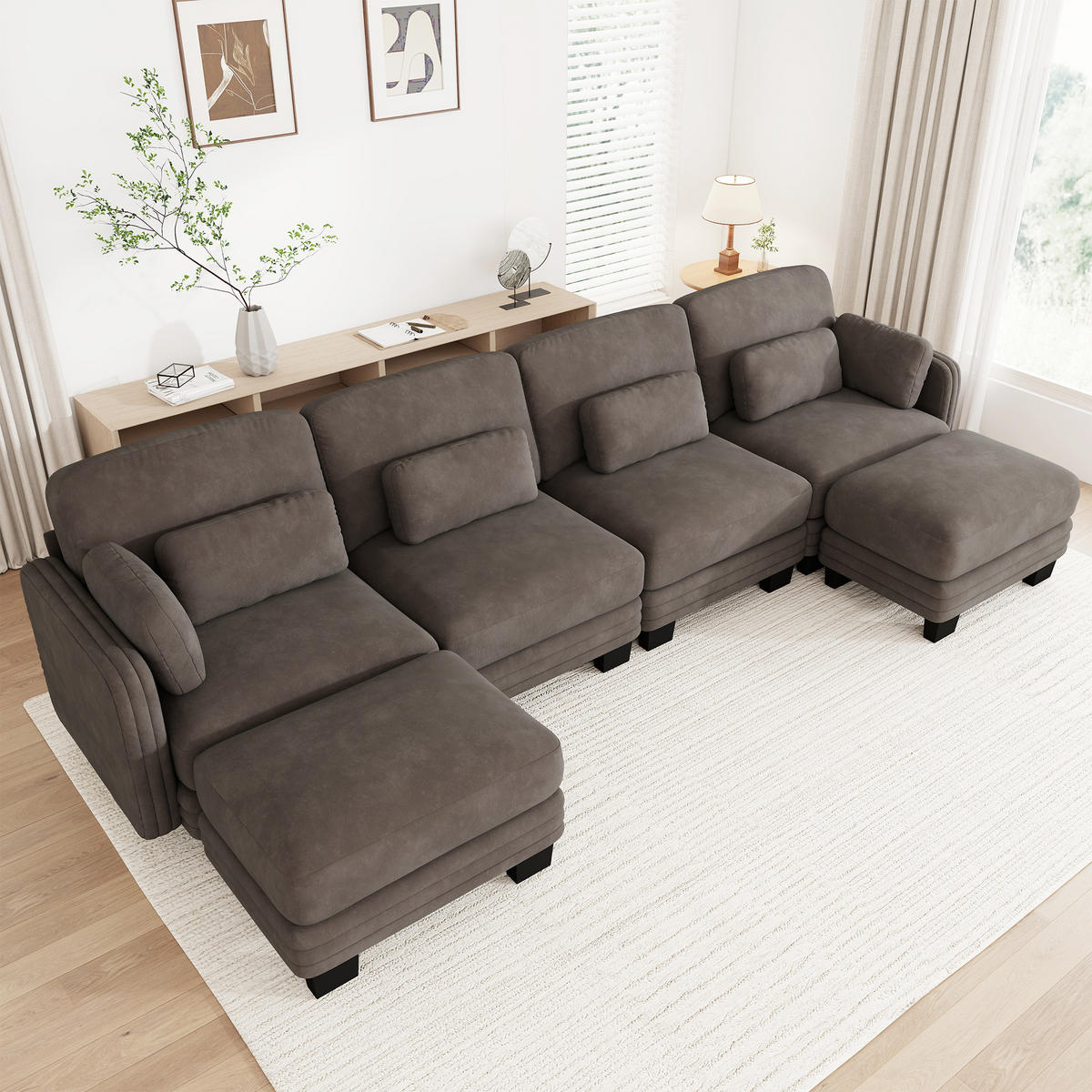 WOHNLANDSCHAFT 4-Sitzer U-Form mit 2 Hockern, DE-42686, Braun - Braun, Holz (330/88/143cm) - ComfortXL