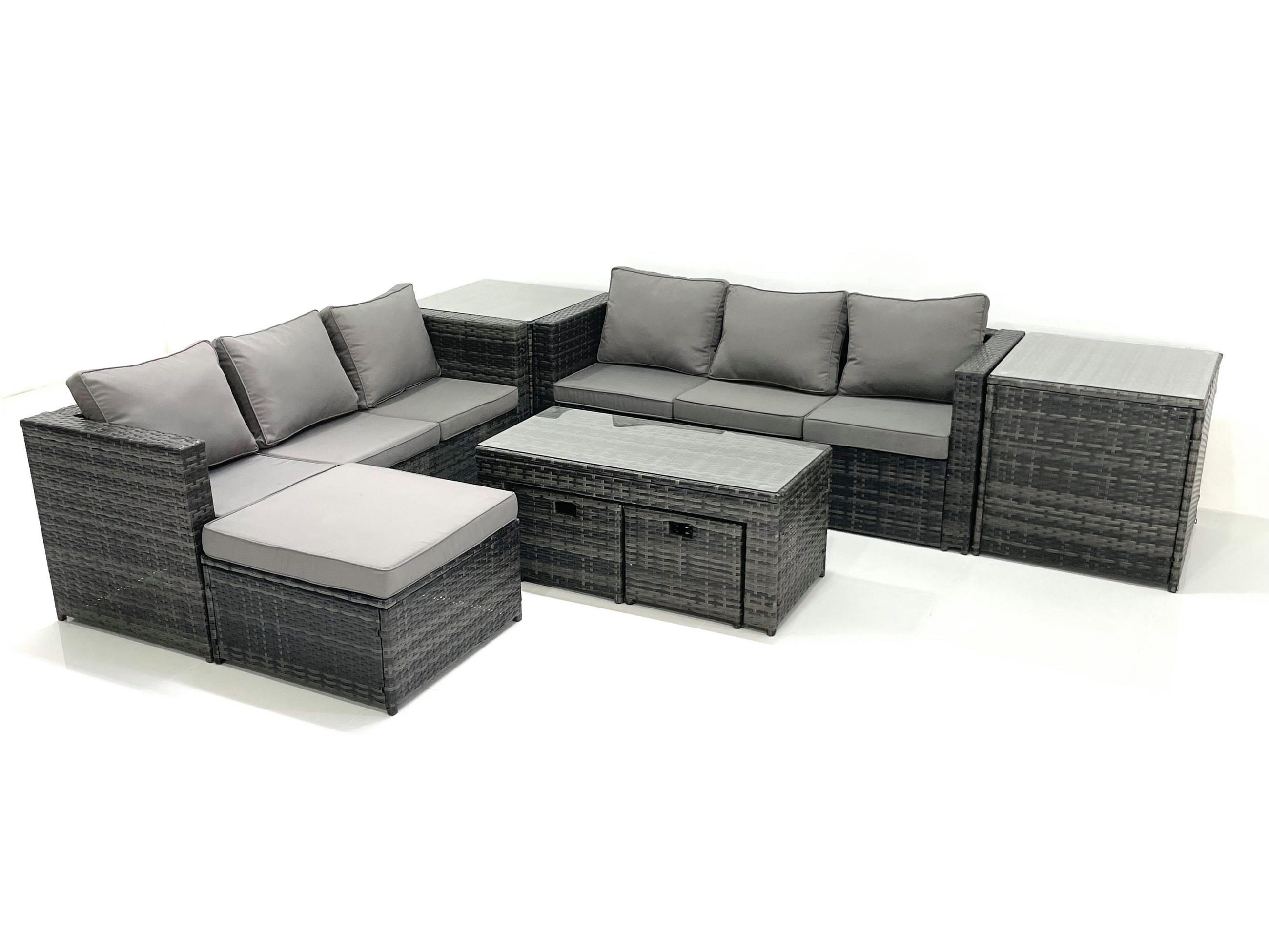 GARTENMÖBEL COUCHTISCH SET mit Sofa Polyrattan Outdoor 9-Sitzer - Dunkelgrau/Grau, Glas/Kunststoff - Fimous