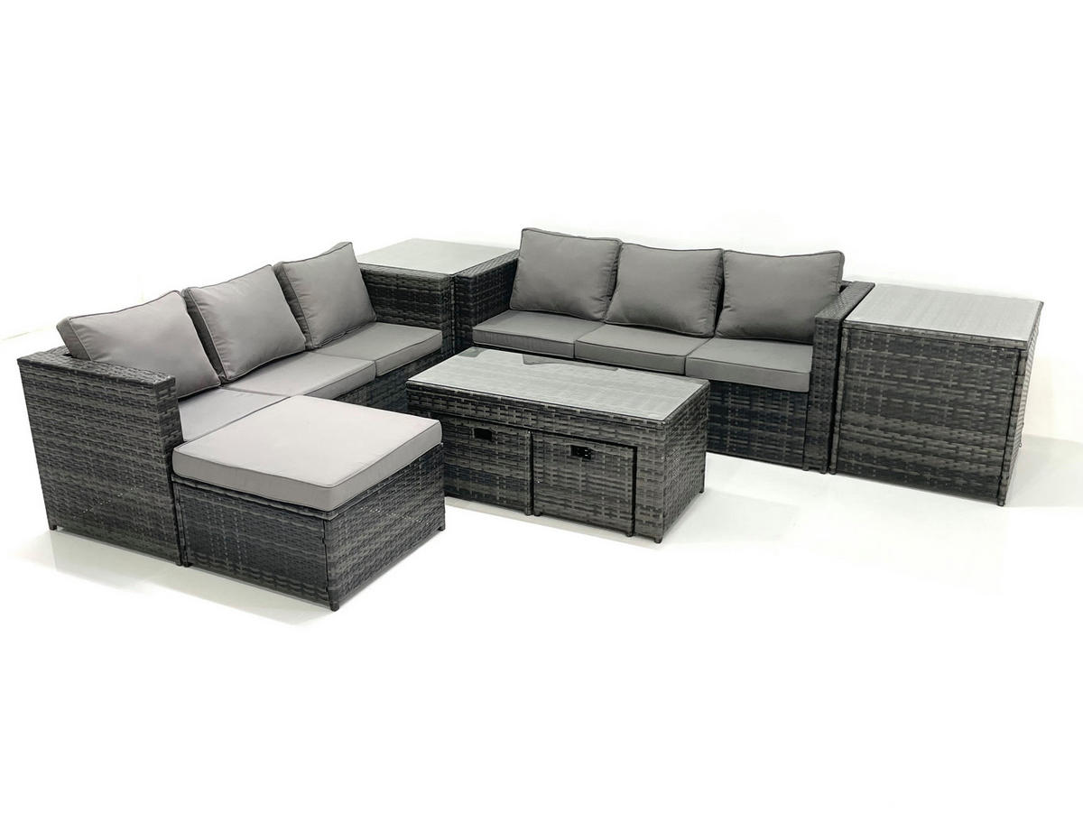 GARTENMÖBEL COUCHTISCH SET mit Sofa Polyrattan Outdoor 9-Sitzer - Dunkelgrau/Grau, Glas/Kunststoff - Fimous