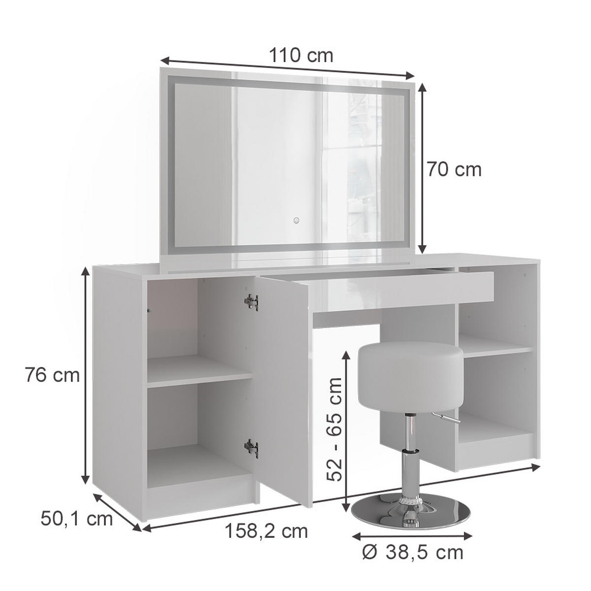 SCHMINKTISCH Sherry Weiß/Weiß Hochglanz 158.2 cm mit LED-Spiegel und Hocker - Weiß Hochglanz, Holzwerkstoff (158.2/76/50.1cm) - Vicco