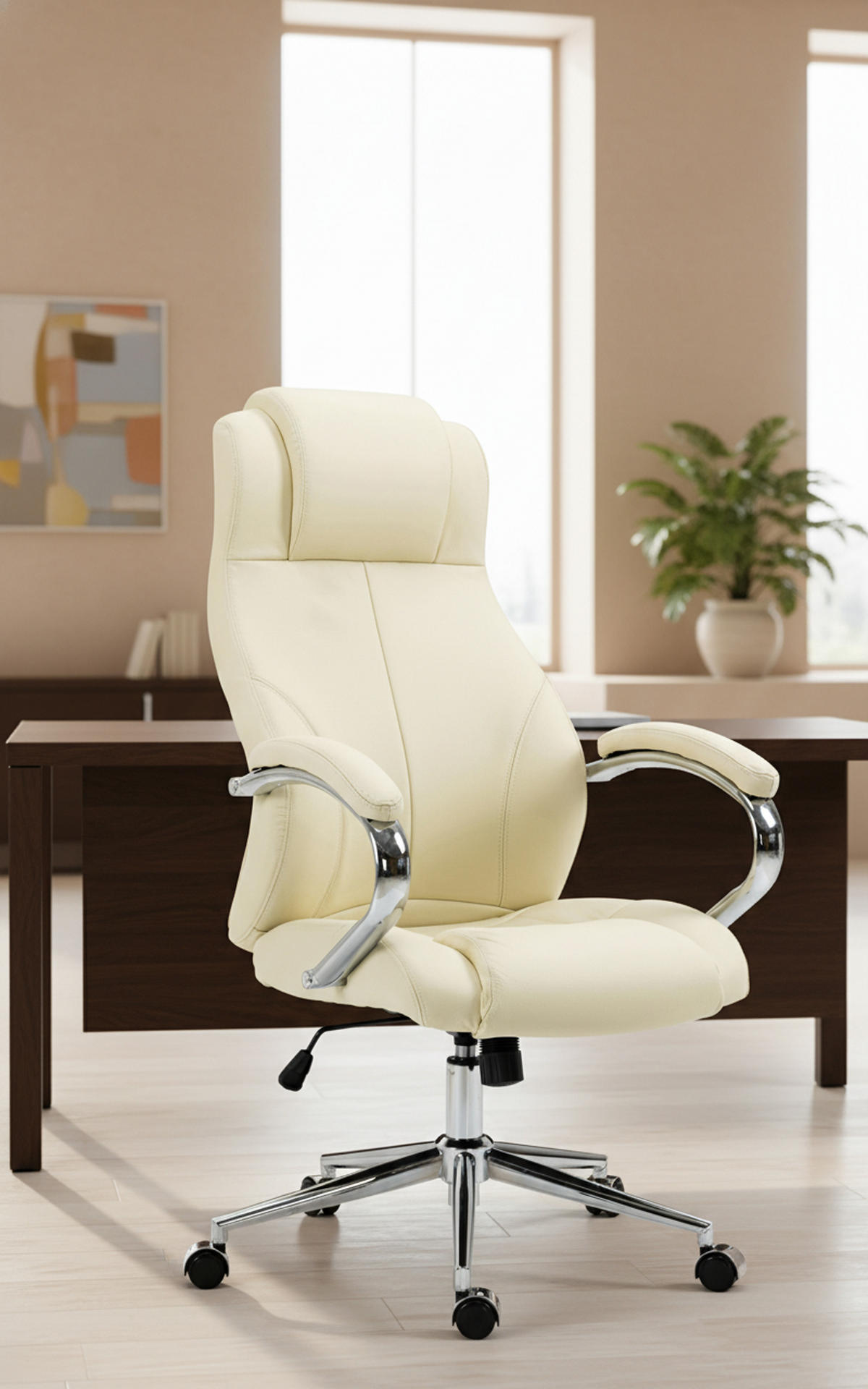 BÜROSTUHL Kyron Echtleder creme - Chromfarben/Creme, Leder/Metall (64/130/79cm) - TPFLiving